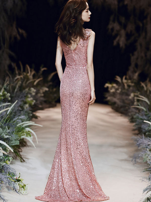 Elegant Sequins Plunge Neck Fishtail Maxi Evening Gown for Women - Perfect for Prom, Wedding, and Formal Events