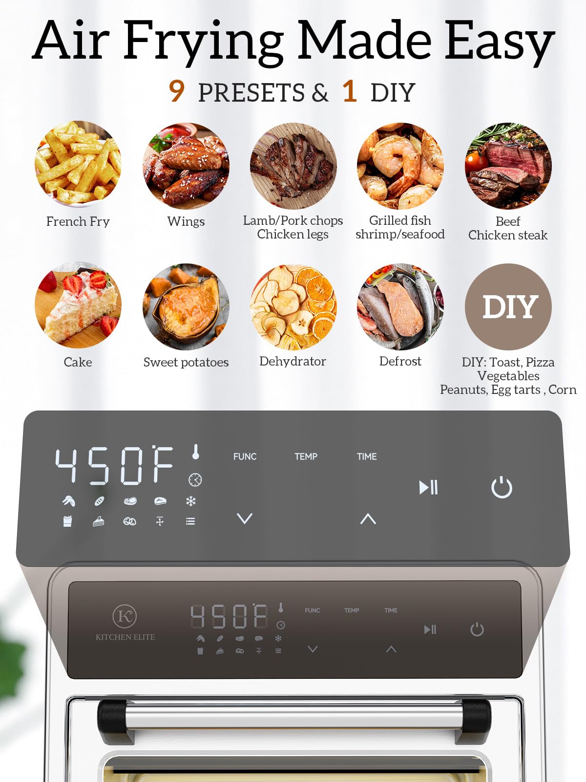 10-in-1 Air Fryer Toaster Oven Combo, 12.6QT Compact Countertop Convection Oven with 9 Presets & DIY Mode, Digital Touchscreen Controls, 4 Accessories Included - Stainless Steel Kitchen Elite for Baking, Roasting, Air Frying & Meal Prep