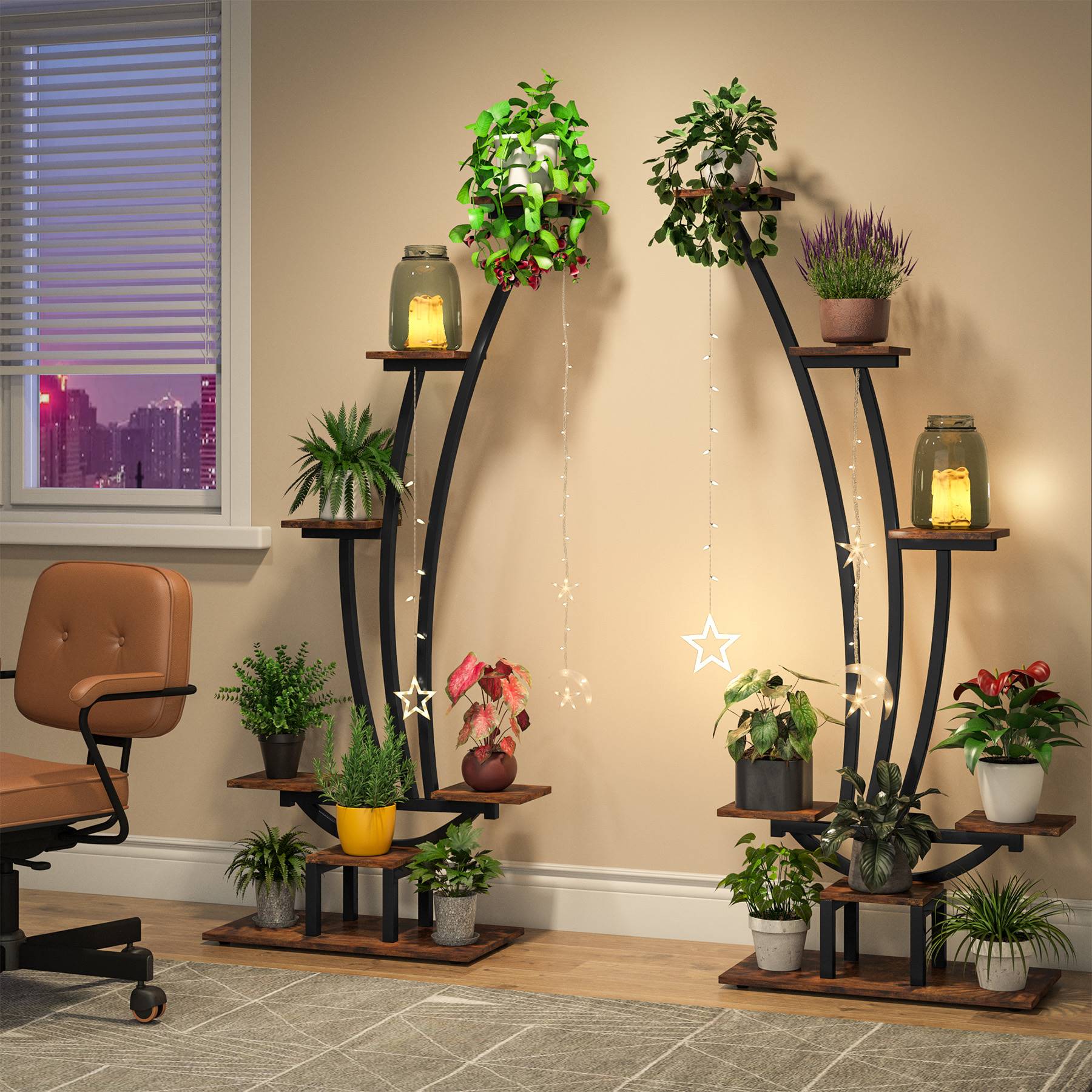 6 Tier Metal Plant Stand - Pack of 2 Curved Display Shelves with Hanging Hooks for Indoor Outdoor Garden, Balcony, Patio Decor