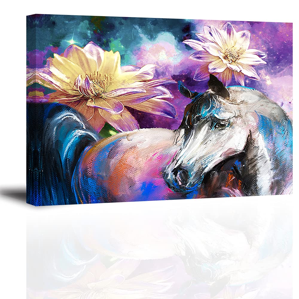 Purple Plant Wall Art - Waterproof Framed Vintage Horse Picture for Bedroom, Bathroom & Living Room Decor - 24x36 Inch Wood Frame - Perfect for Home, Office & Gift Giving