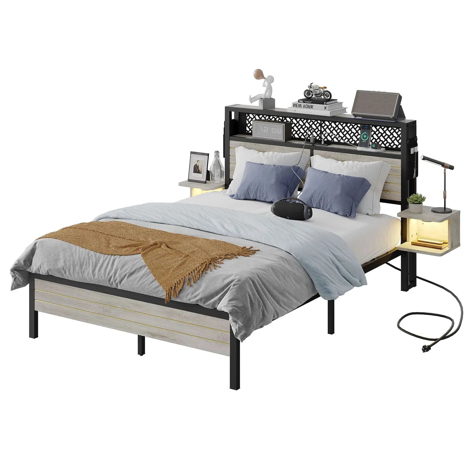 Bestier Full Bed Frame with Horizontal Golden Stripe Storage Headboard - Sturdy Metal Platform Bed with Underbed Storage Space - Perfect for Small Bedrooms, Guest Rooms & Dormitories