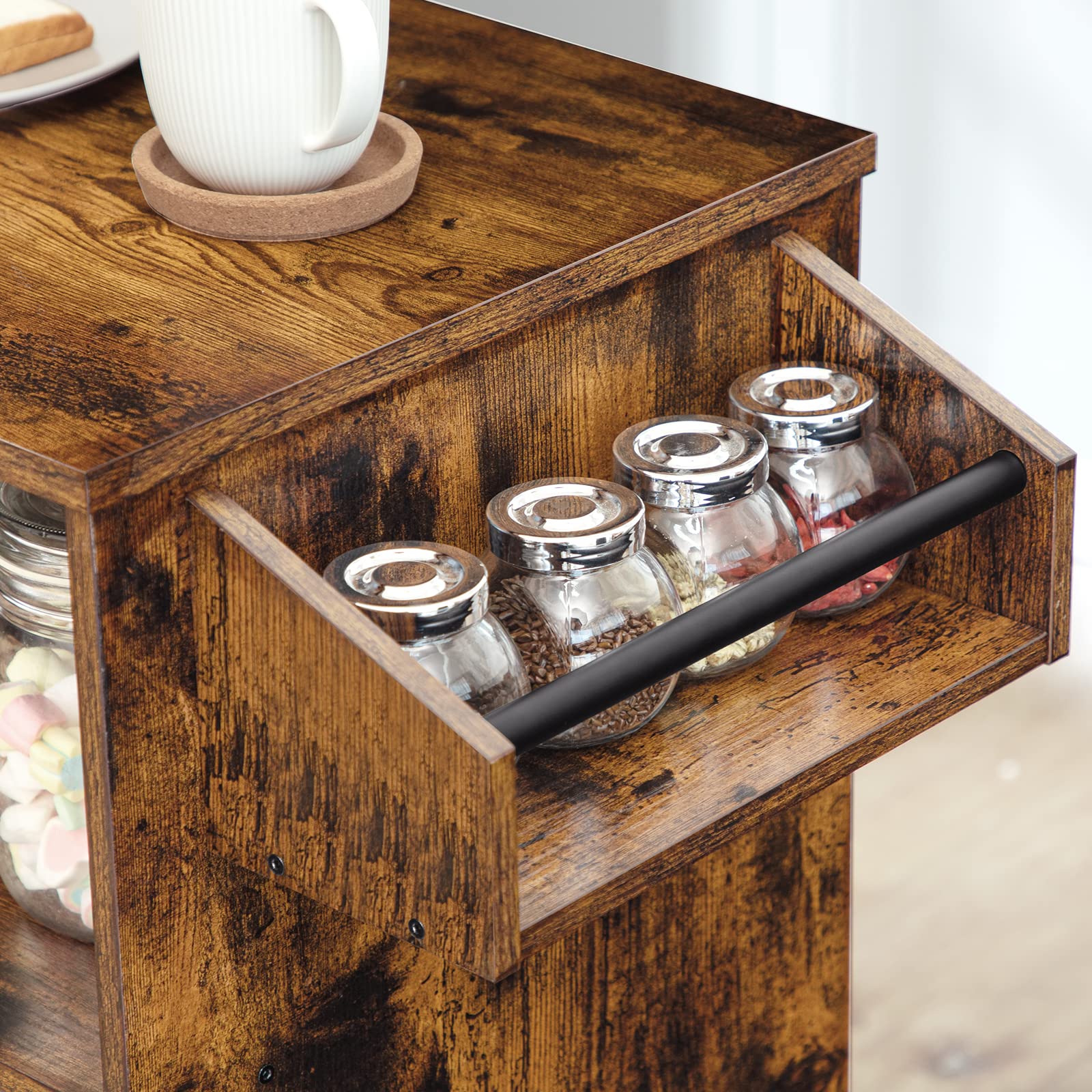 HOOBRO Rustic Brown Kitchen Island with Storage Cabinet, Drawers, Spice & Towel Rack - Space Saving Kitchen Cart for Small Spaces, Easy Assembly - Perfect for Kitchen Organization & Living Room Decor