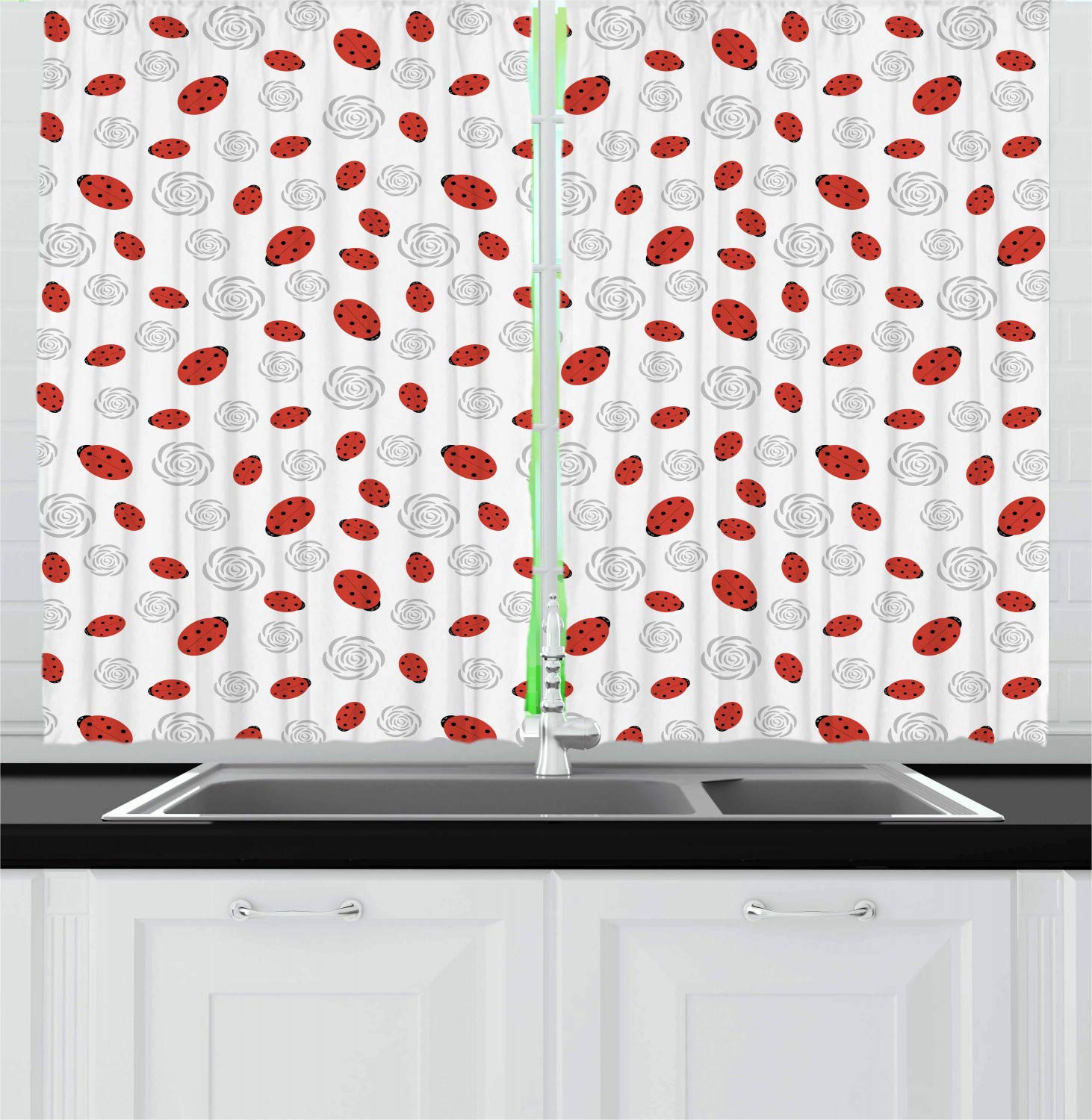 Ambesonne Ladybugs Kitchen Curtains Set of 2 Panels - Abstract Flower Silhouettes Nature Illustration in Cartoon Style - 55