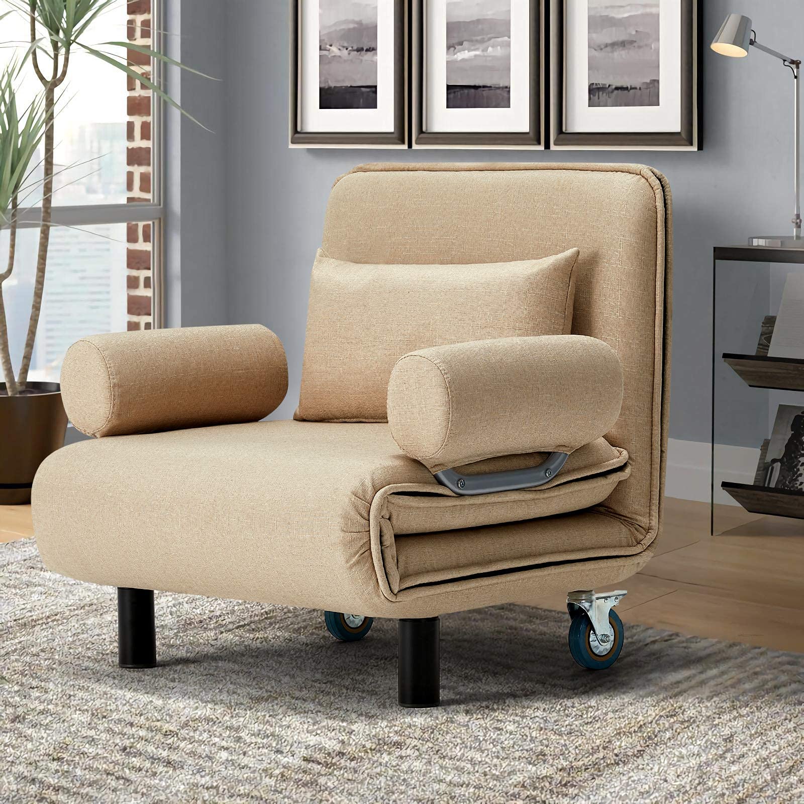 HOMHUM Convertible Chair Bed with Wheels - 5-Position Adjustable Backrest, Foldable Sleeper Chair with Metal Frame & Pillow - Perfect for Home Office, Guest Room, or Small Space (Khaki)