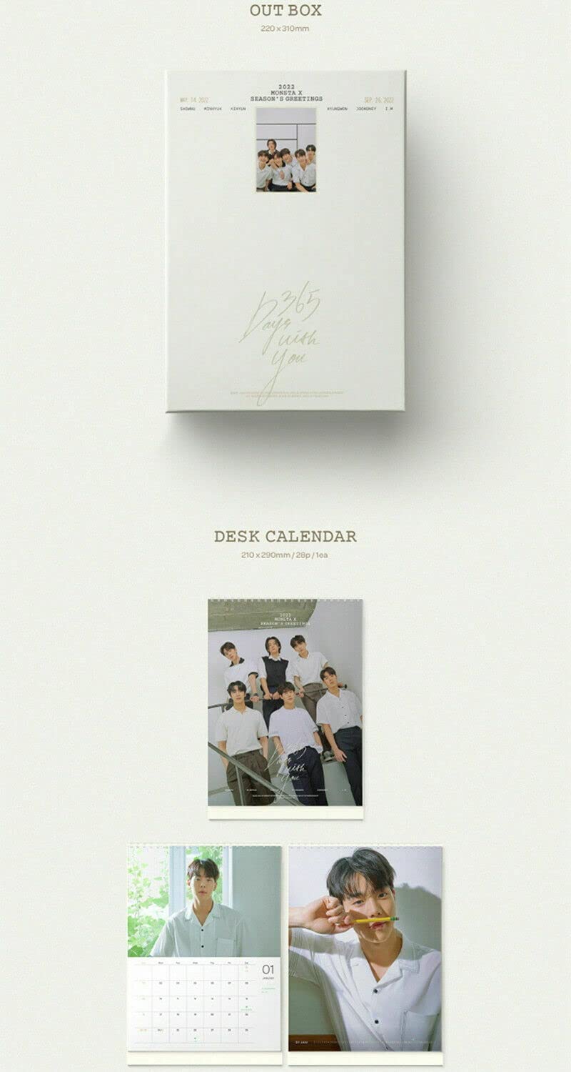 MONSTA X 2022 Season's Greetings Desk Calendar Set - Includes DVD, Diary, Photo Cards, Tickets, Slides & More - Perfect for K-Pop Fans Collectibles & Gift Giving