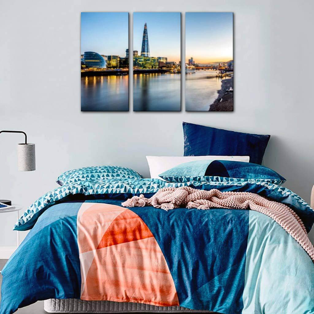 Blaverr Financial District London The Shard Gherkin Dusk Skyline Canvas Wall Art - 3 Panel Modern Painting for Living Room & Bedroom Decor - Stretched Framed Ready to Hang Home Office Wall Decor - Perfect for Apartments, Hotels & Office Spaces