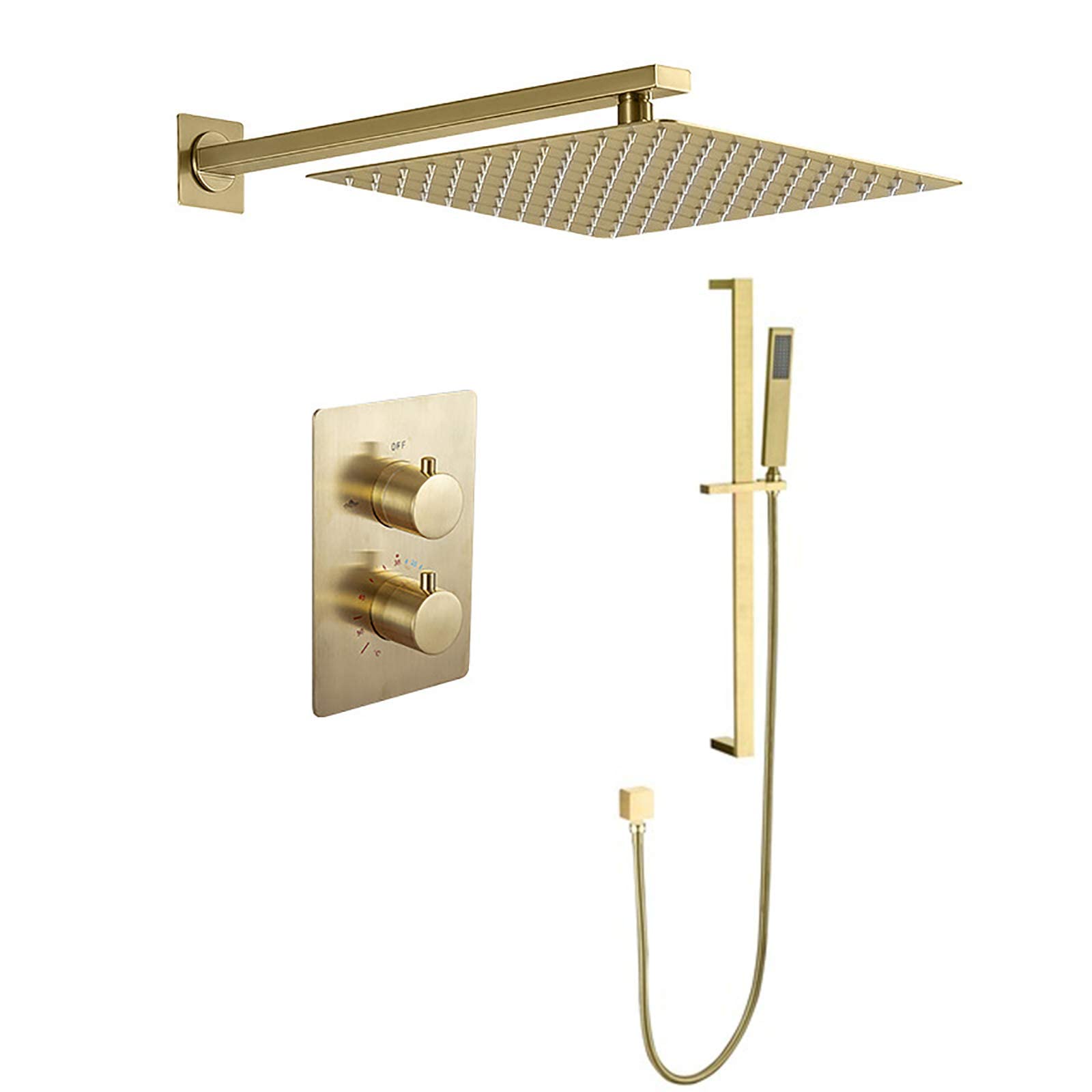 Wall Mounted Thermostatic Shower Faucet Set - Brushed Gold Bathroom Shower System with 12 Inch Rainfall Shower Head & Handheld Sprayer - Perfect for Modern Bathroom Remodeling and Spa-Like Shower Experience