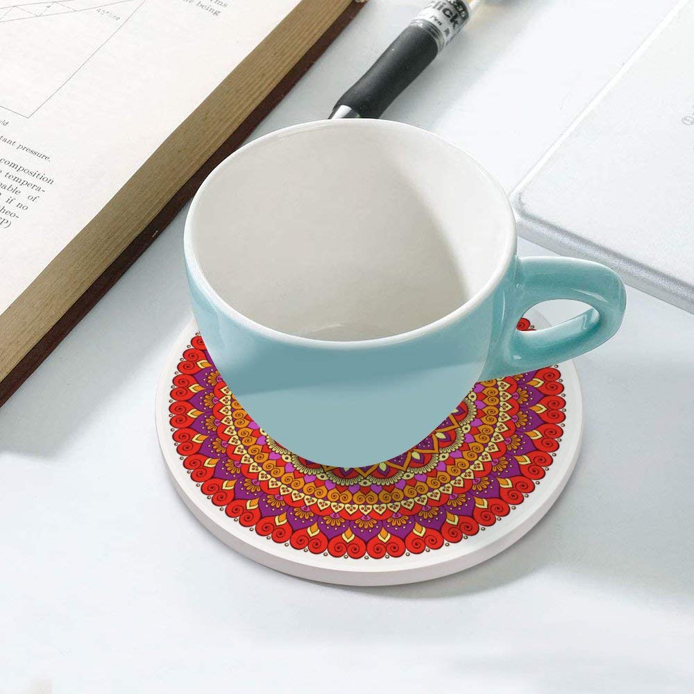 Absorbent Ceramic Coasters with Mandala Flower Pattern - Round Cork Base for Coffee & Glass Cups - Set of 1 - Perfect for Bar, Farmhouse & Home Decor - Protect Tables from Drink Stains