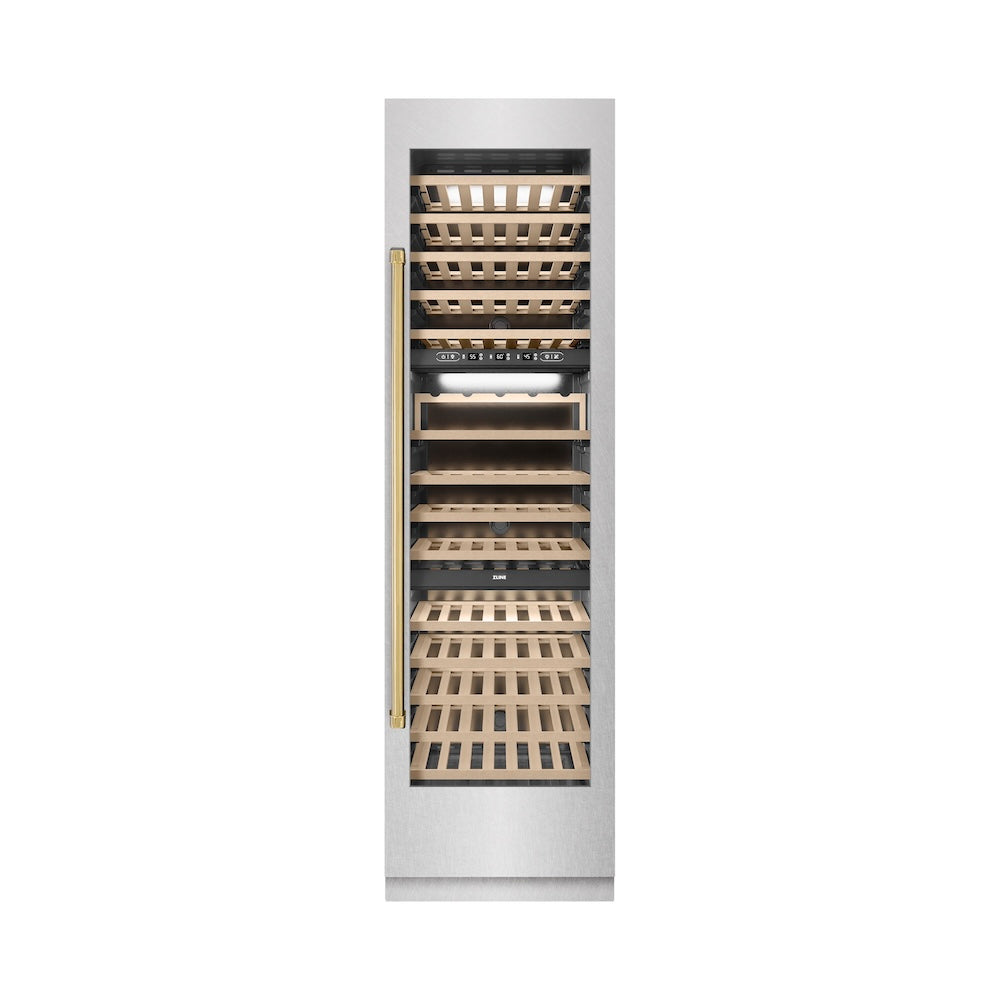 ZLINE Autograph Edition 24-Inch 12.4 cu ft Triple Zone 100 Bottle Wine Cooler Refrigerator - Stainless Steel with Gold Accents for Home Bar, Kitchen, or Wine Cellar Storage