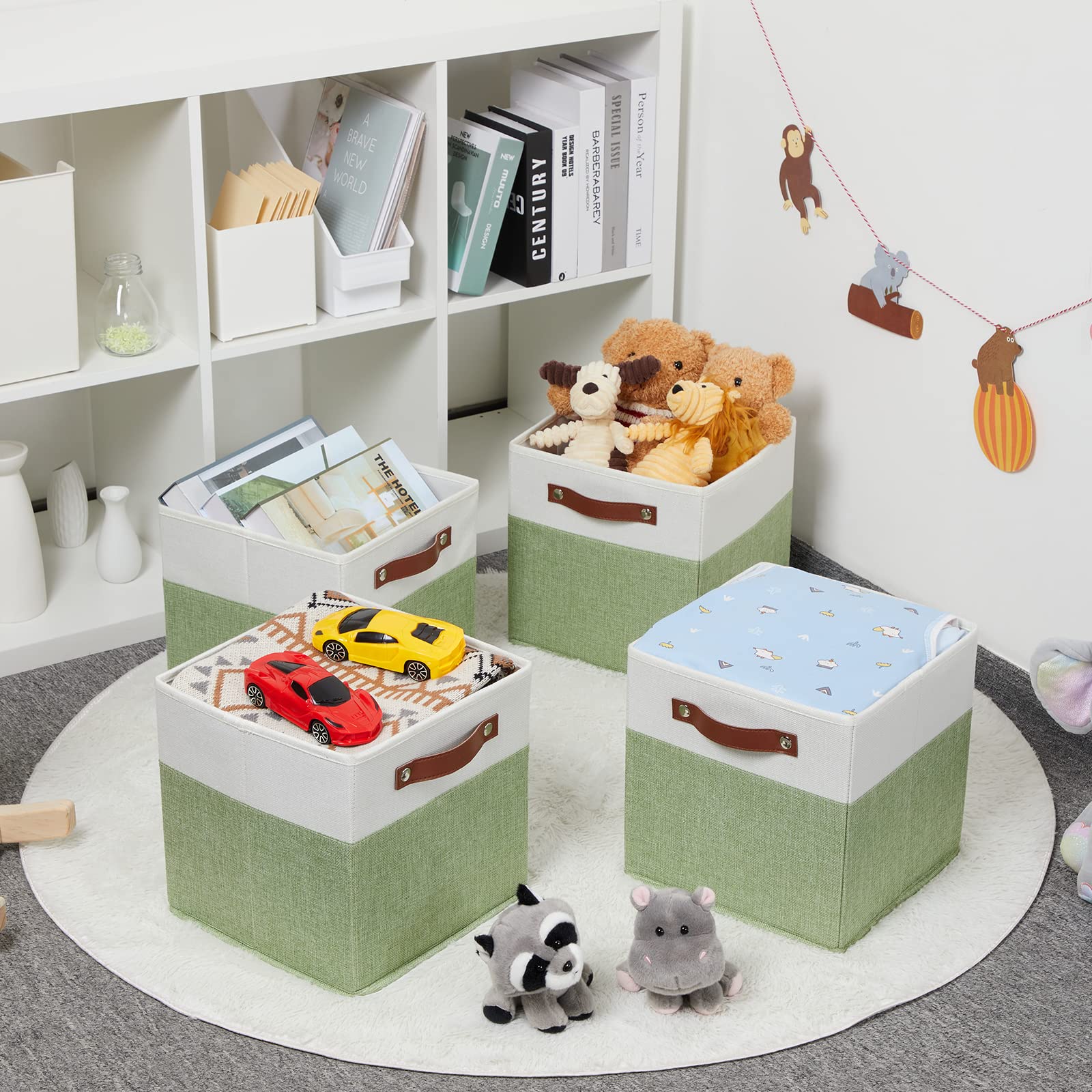 HNZIGE 11x11 Inch Fabric Storage Bins, Set of 4 Foldable Cube Organizer Bins with Handles for Shelves - Green & White | Perfect for Home Organization, Nursery, Closet & Toy Storage