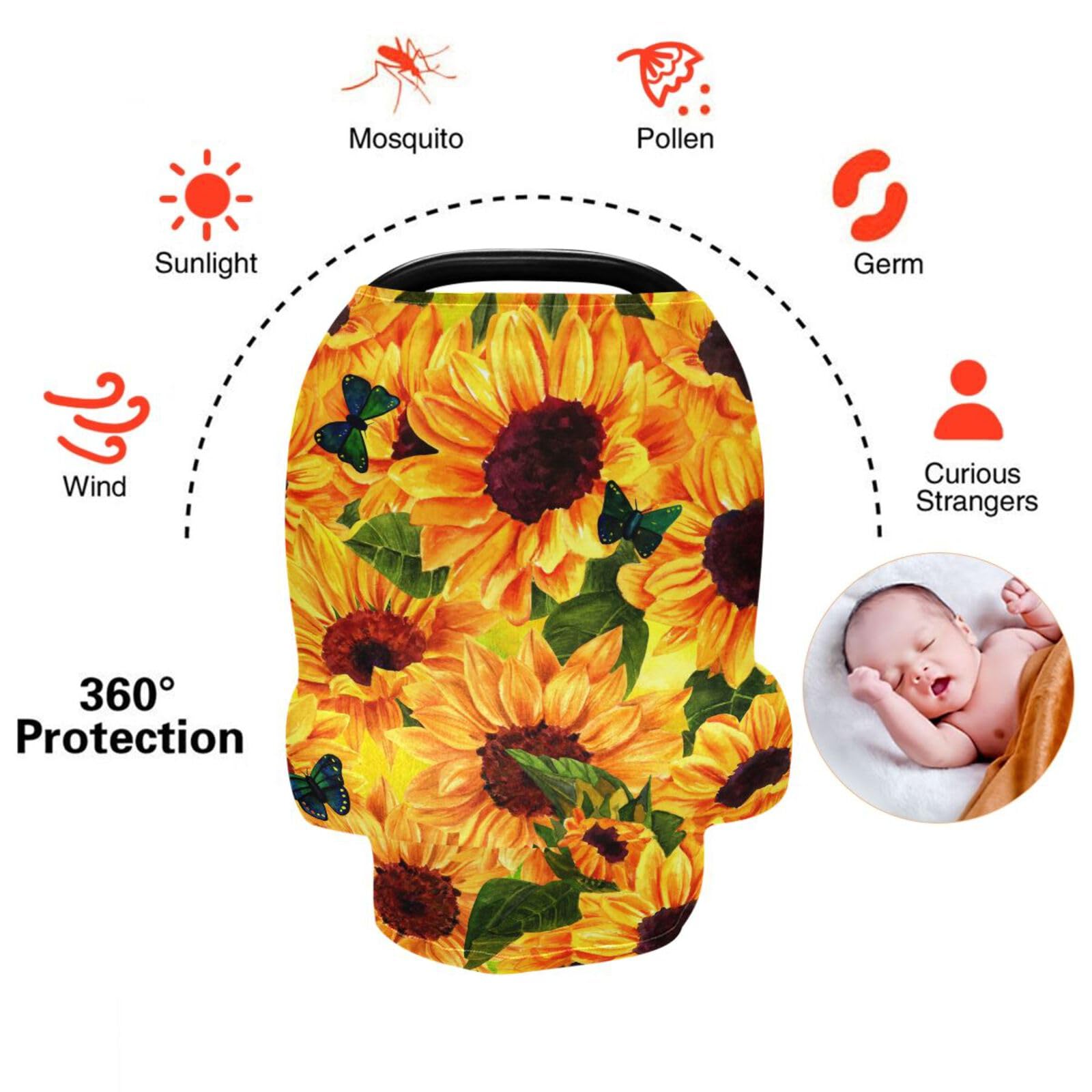 Breastfeeding Cover & Baby Car Seat Canopy - Soft, Breathable Nursing Scarf with Sunflower Print for Summer - Universal Stroller Cover for Boys & Girls | Perfect for Nursing, Travel & Outdoor Activities