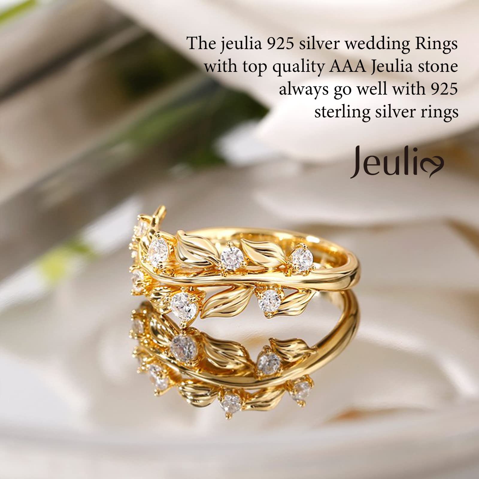 Jeulia Sterling Silver Olive Branch Band Ring for Women - Round Cut Leaf Promise Ring, Gold Tone Diamond Nature Wedding Band, Anniversary & Engagement Jewelry with Gift Box - Perfect for Romantic Gifts & Special Occasions