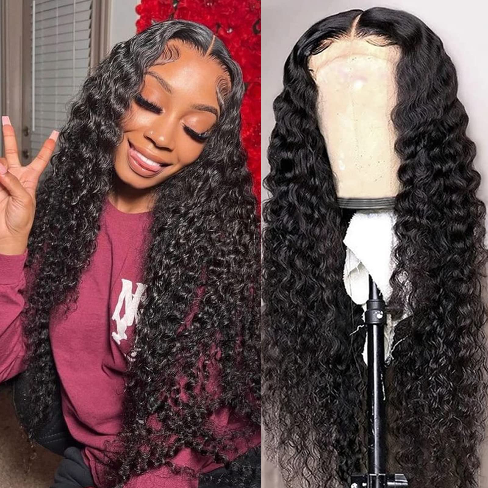 Deep Wave HD Transparent Lace Front Wig - 180% Density 4X4 Glueless Human Hair Wig with Baby Hair for Black Women | Natural Color 18 Inch | Perfect for Daily Wear, Parties & Special Occasions