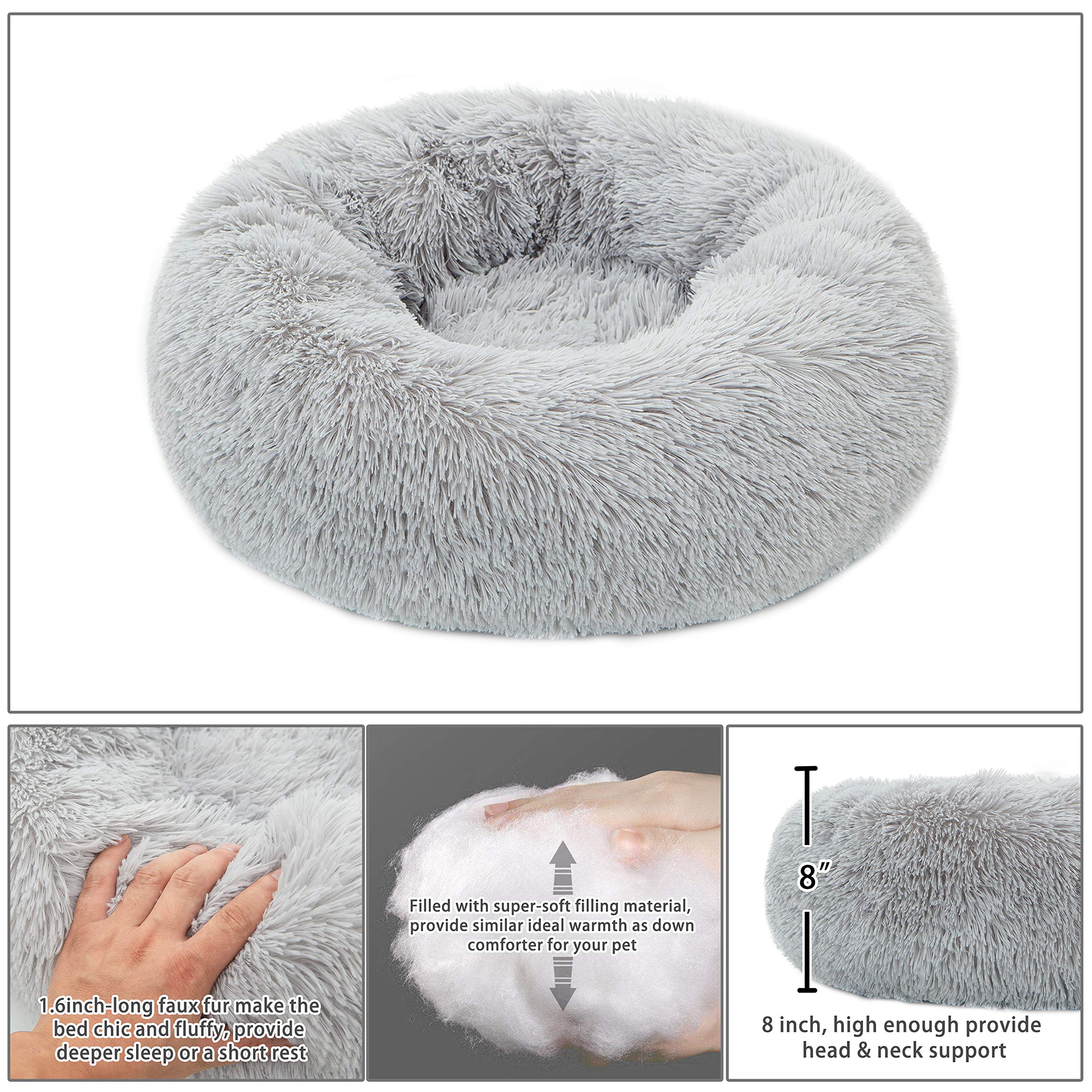 Plush Round Faux Fur Dog & Cat Bed - Self-Warming Calming Pet Cushion for Small Pets, Anti-Anxiety Cozy Bolster Bed (20