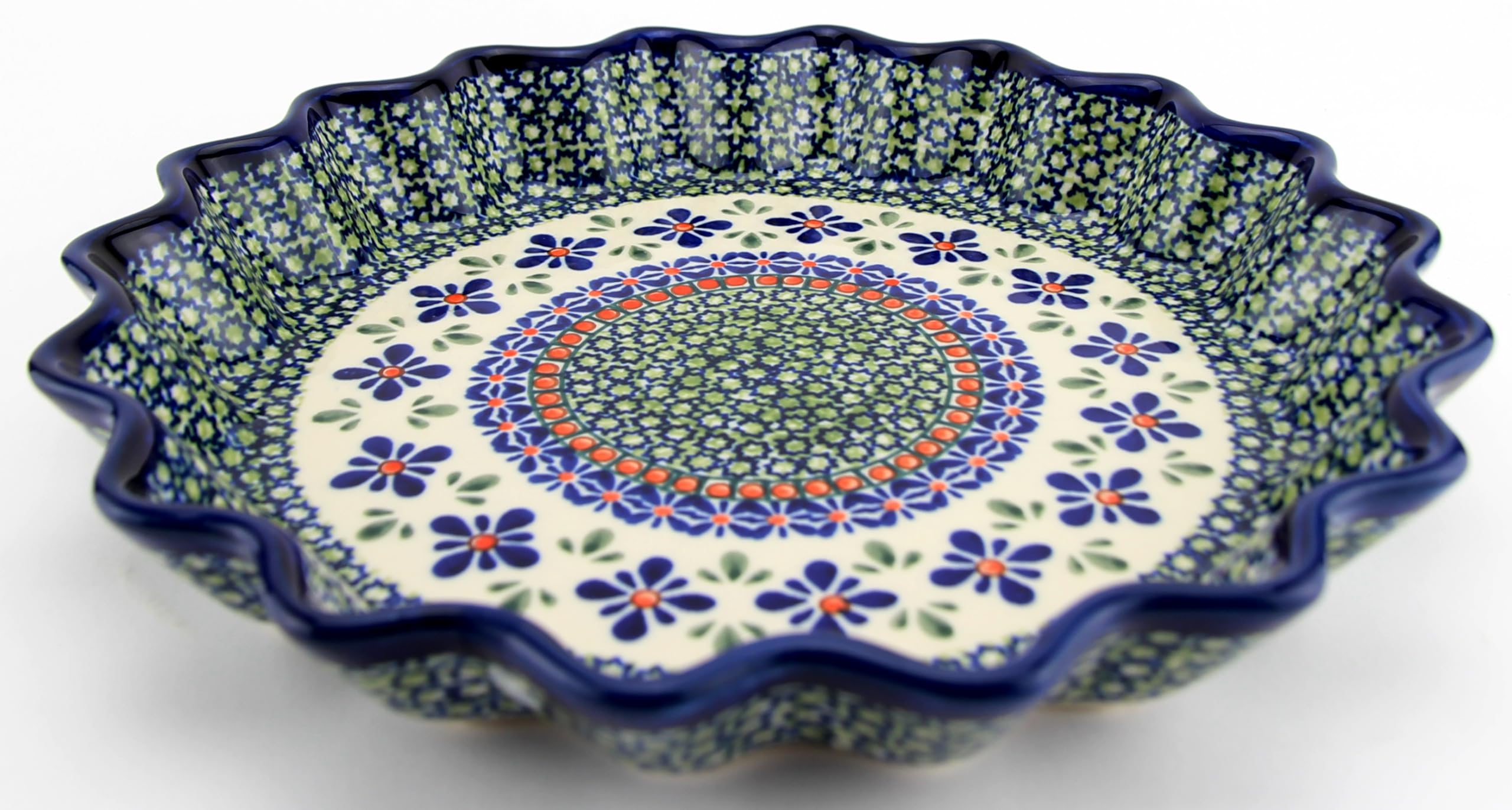 Boleslawiec Polish Pottery Scalloped Pie Dish - Handmade Mosaic Flower Quiche Pan - Authentic Ceramic Baking Dish for Pies, Quiches & Casseroles - Perfect for Holiday Baking & Rustic Kitchen Decor