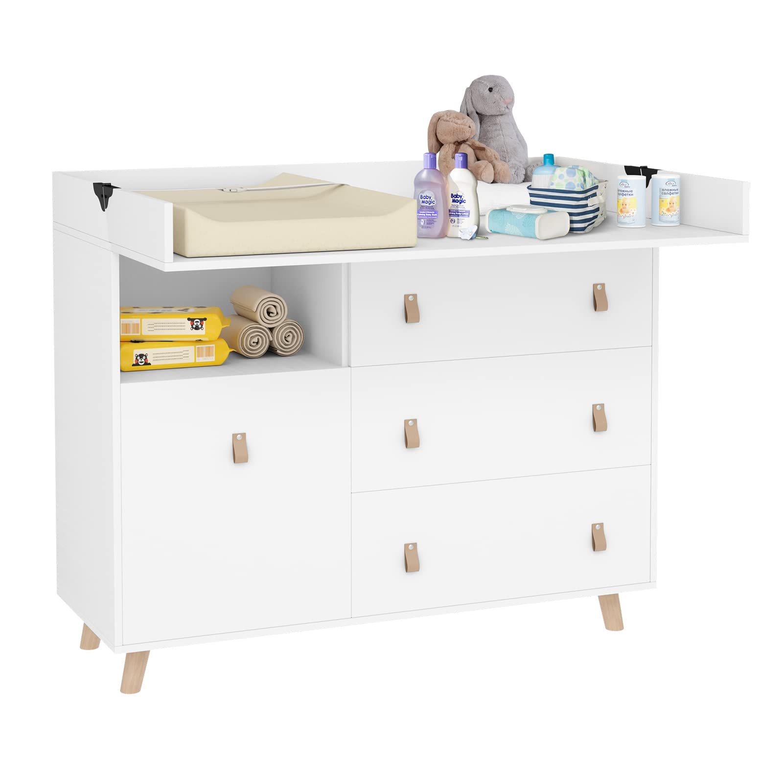 White Baby Changing Table with Drawers & Guardrail - Nursery Dresser Organizer, Foldable Diaper Station with Hidden Trash Storage - Perfect for Newborn Care & Nursery Organization