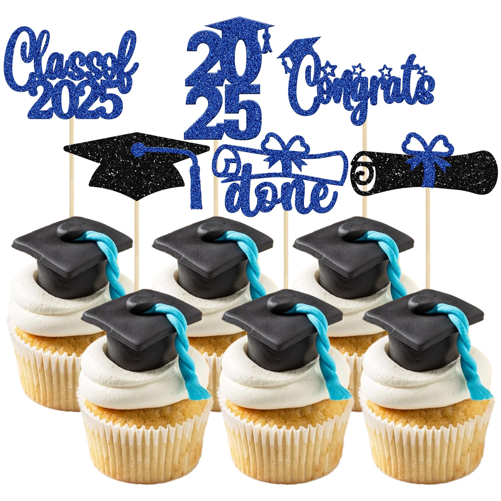 24 Pack 2025 Graduation Cupcake Toppers - Blue Glitter Congrats Class of 2025 Diploma Grad Cap Cake Decorations - Perfect for Graduation Party, School Celebration & Dessert Table Decor