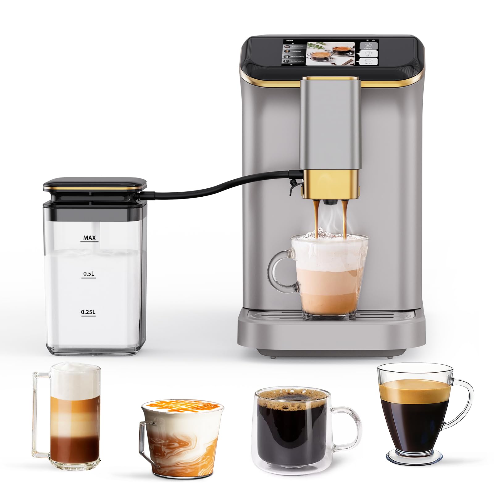 Automatic Espresso Coffee Machine with Built-in Grinder & Milk Frother - 20 Bar Pressure, TFT Touch Screen for Latte, Cappuccino & Americano (Silver/Gold) - Perfect for Home Baristas & Coffee Shops