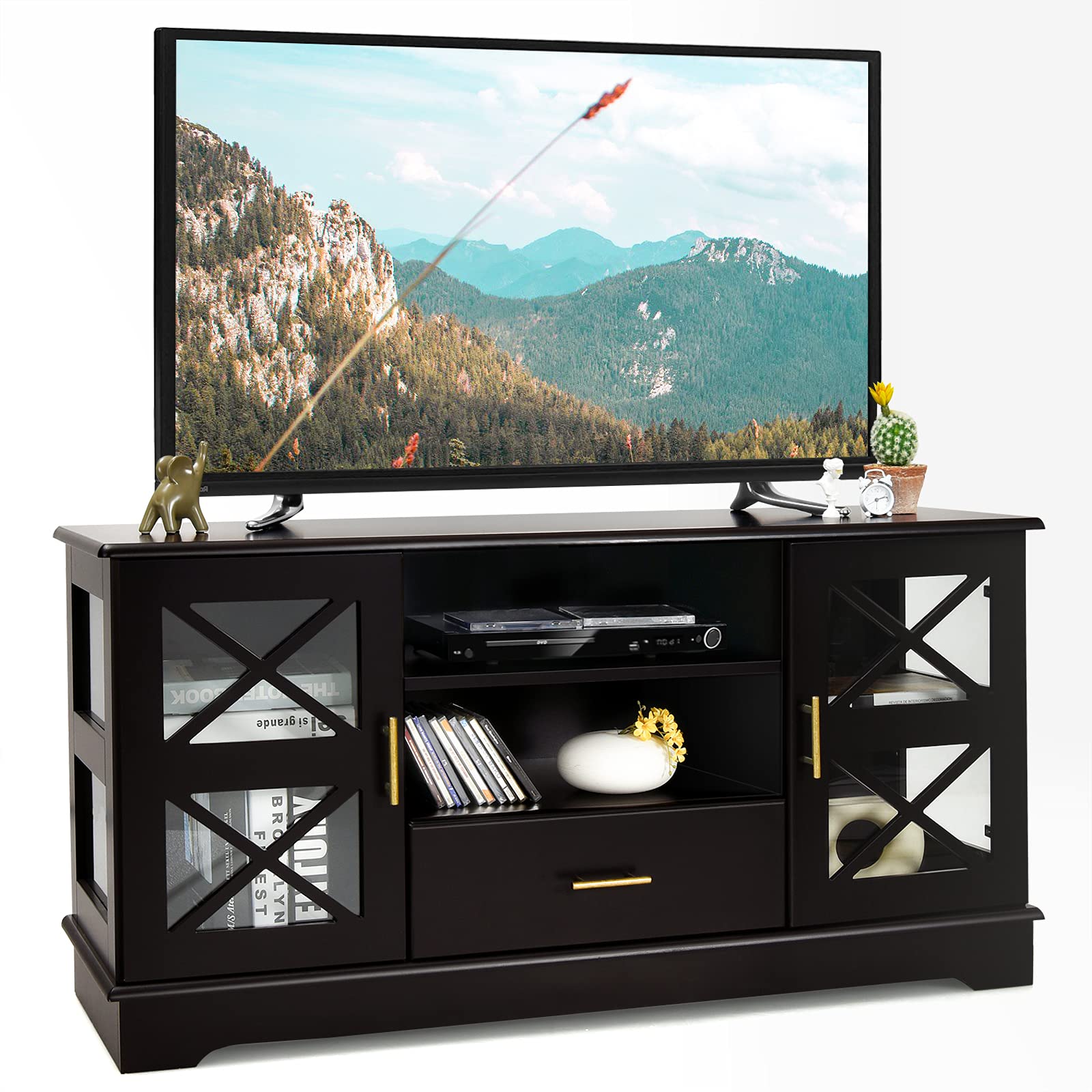 Tangkula 55 Inch Dark Brown Wood TV Stand with 2 Glass Door Cabinets, Adjustable Shelves & Drawer - Modern Media Console for Living Room, Home Theater, Entertainment Center - Perfect for TV, Gaming & Streaming Setup