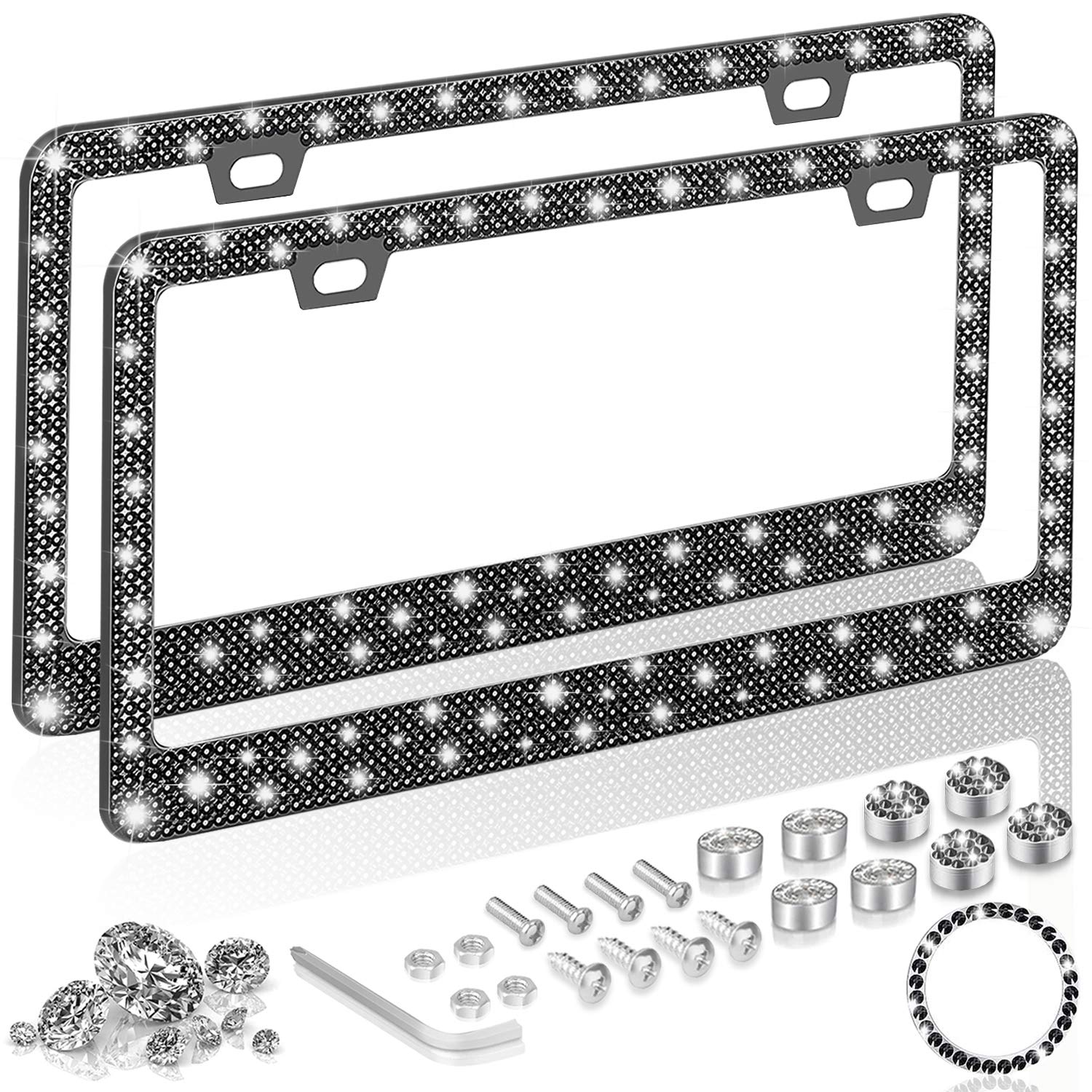 OUCPC Bling Rhinestone License Plate Frame for Women - 2 Pack Luxury Stainless Steel Sparkly Glitter Car Plate Frames (Front & Back) - Black | Perfect for Customizing Cars, Trucks, SUVs & Gifts