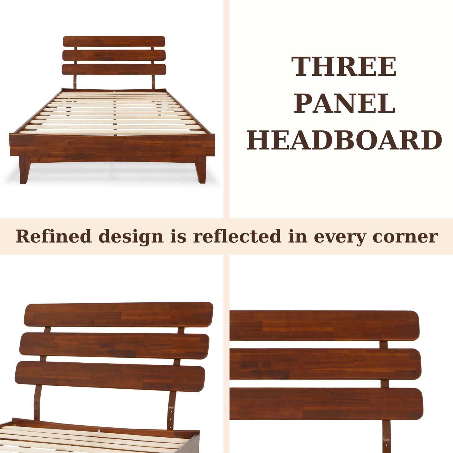 Bme Caden 15 Inch Deluxe Bed Frame with Adjustable Headboard - Mid Century Modern Retro Style Acacia Wood Platform Bed - No Box Spring Needed - 12 Strong Wood Slat Support - Easy Assembly - Dark Chocolate Finish - Full Size Bed for Master Bedroom, Guest Room & Apartment