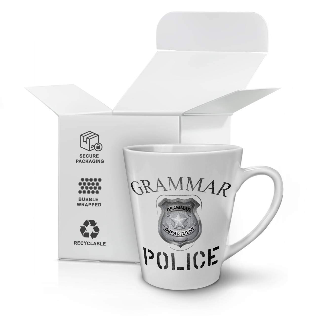 Funny Grammar Police Badge Latte Mug - Ceramic Coffee Cup with Comfortable Handle & Two-Sided Design by Wellcoda | Perfect Gift for Teachers, Writers & Grammar Lovers - Great for Office, Home & Coffee Shops
