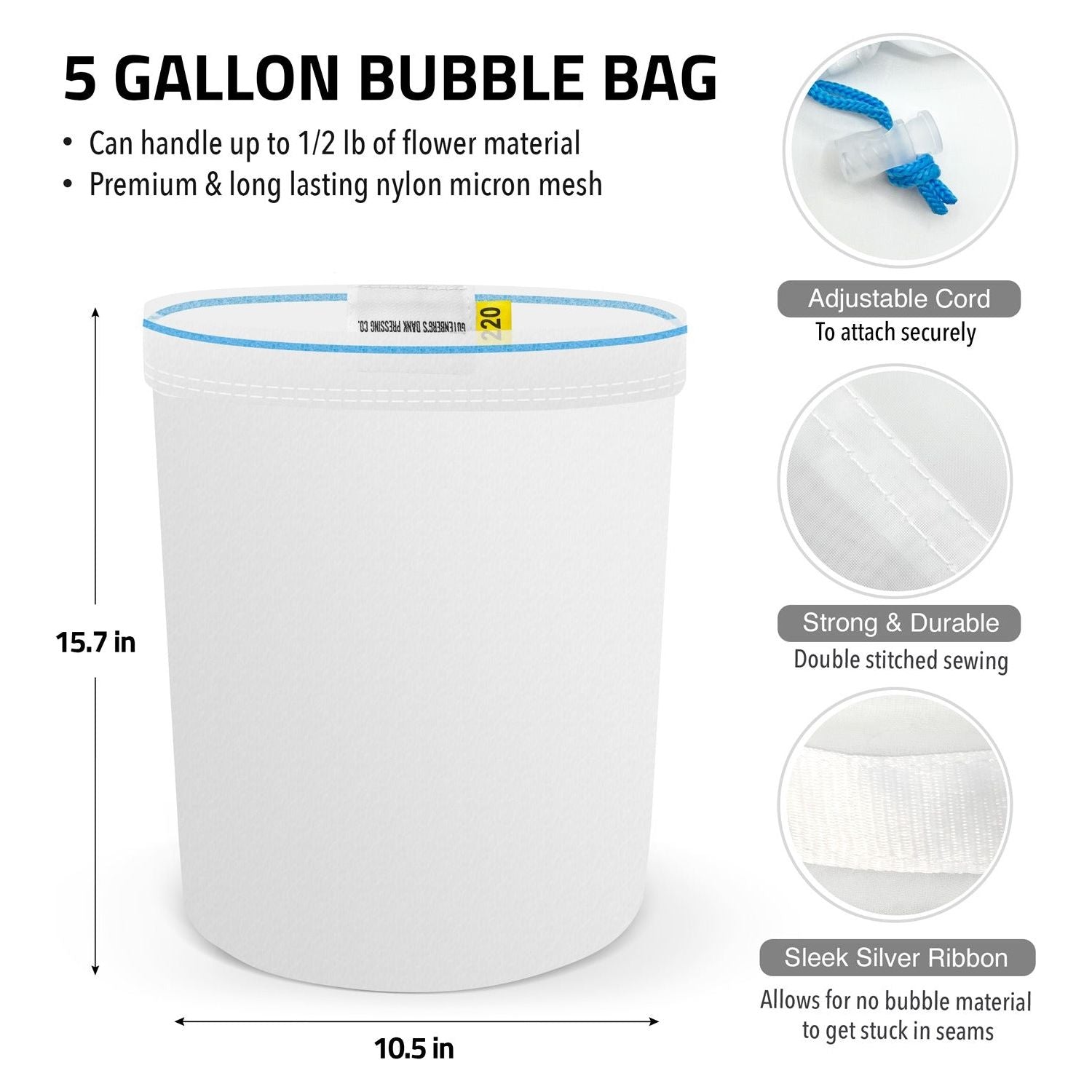 5 Gallon All Mesh Bubble Bags for Rosin Pressing - Premium Quality Bubble Hash Bags Set by Gutenberg's Dank (Single Bag) - Perfect for DIY Rosin Extraction, Herbal Infusions & Cannabis Processing