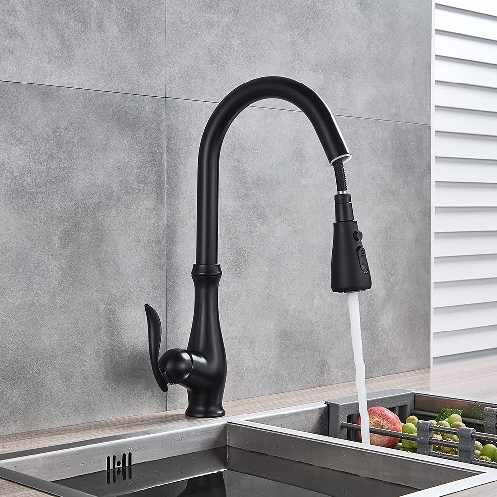 OMOONS Commercial Pull-Out Kitchen Faucet - Matte Black Farmhouse Sink Tap with Hot/Cold Water Mixer - Deck Mounted for Bar, Restaurant & Home Use