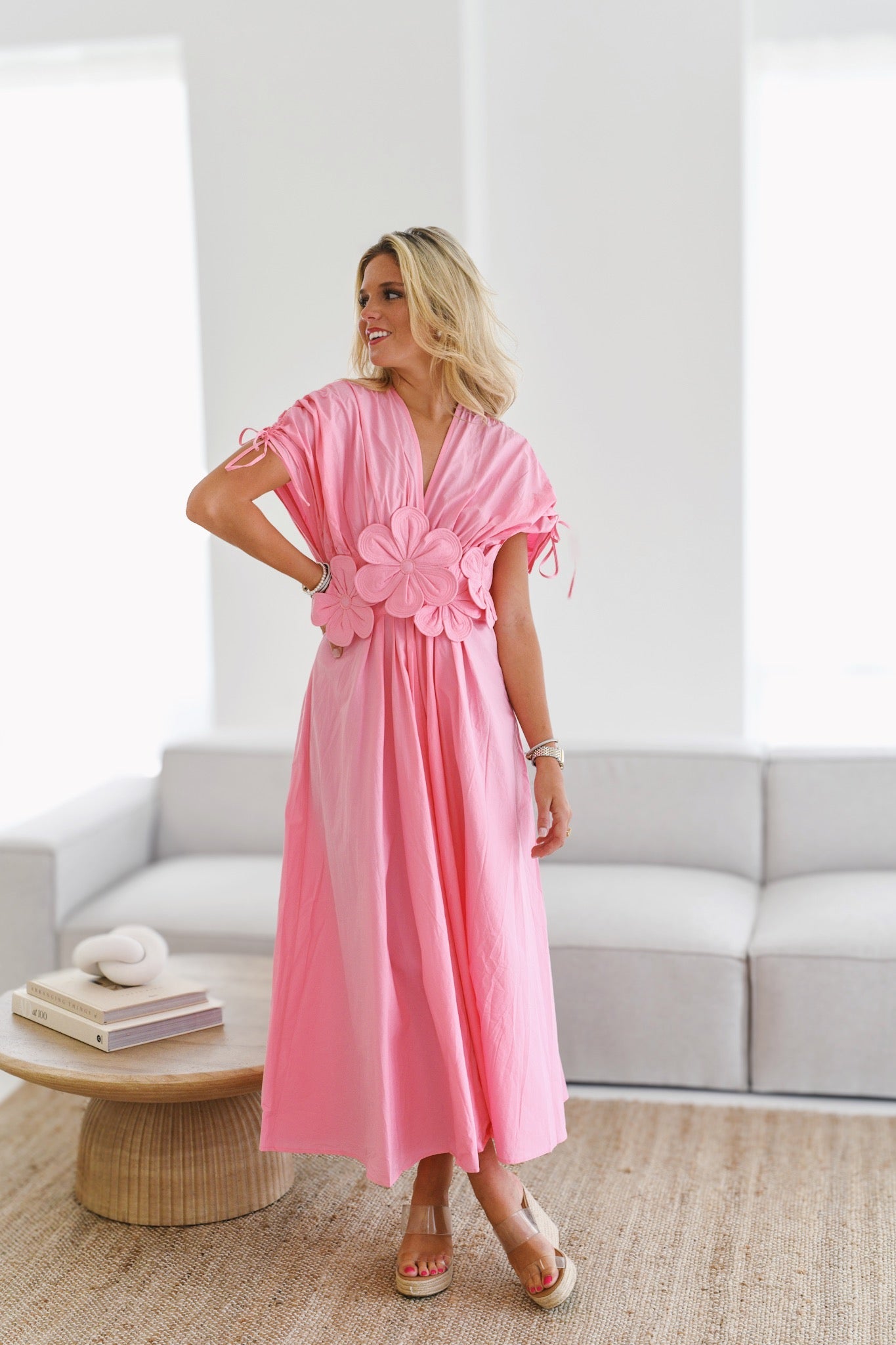 Angie Floral Applique Midi Dress for Women - Elegant Pink Summer Dress for Wedding, Party & Date Night