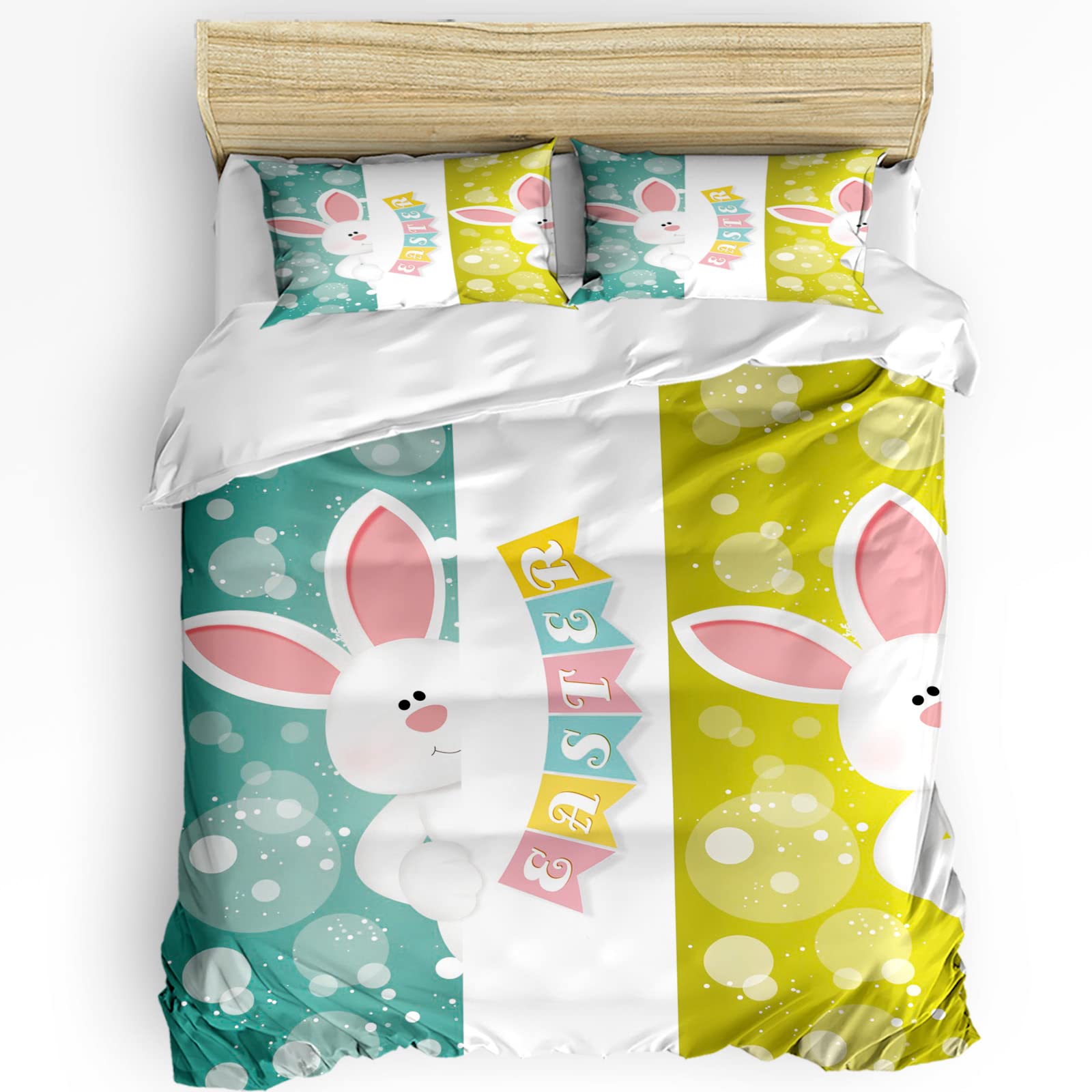 HELLOWINK 3-Piece Queen Size Duvet Cover Set - Lightweight Soft Bunny Rabbit Print Comforter Cover with 2 Pillow Shams | Easter Bedding Collection | Perfect for Spring Decor, Guest Room & Holiday Themed Bedroom