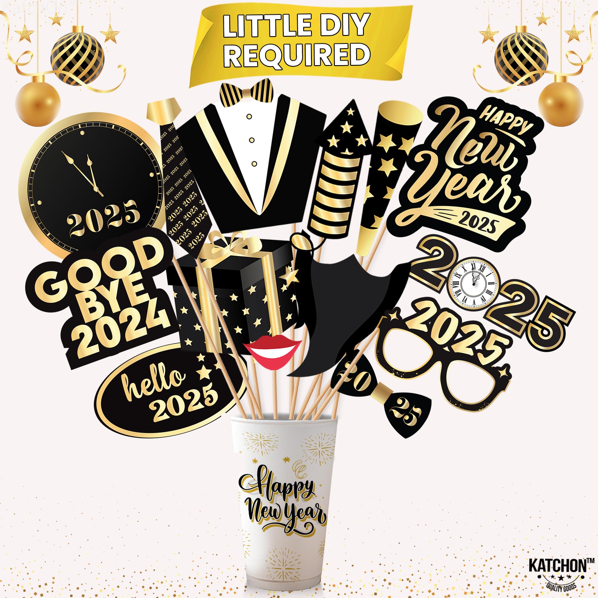 KatchOn 2025 New Year's Eve Photo Booth Props Kit - 35-Piece Set for NYE Party Decorations & Supplies | Fun New Year's Photo Accessories for 2025 Celebrations | Perfect for Countdown Parties, Family Gatherings & Social Media Photos