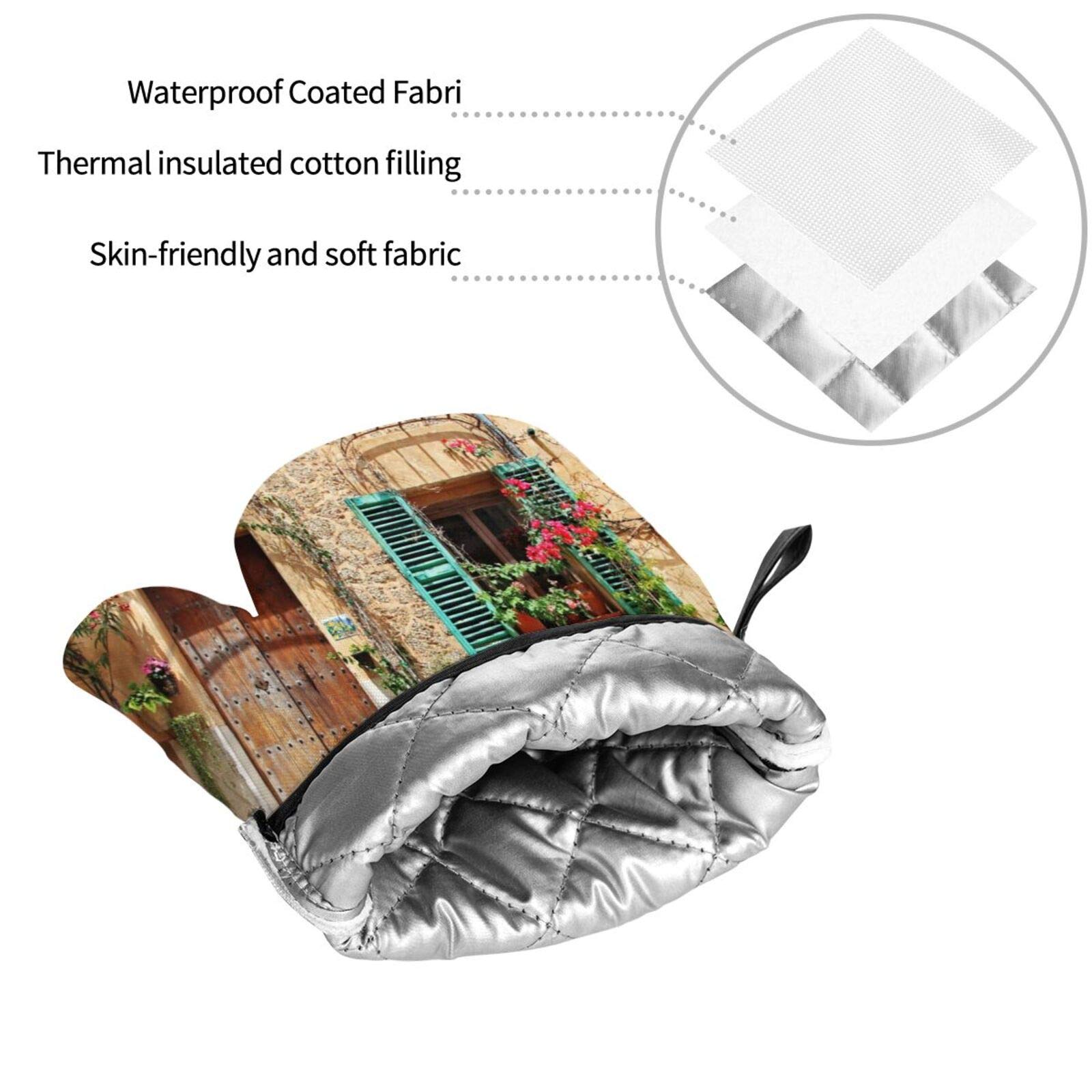 4Pcs Heat Resistant Oven Mitts & Pot Holders Set - Mediterranean Provence Floral Design for Cooking, Baking, Grilling, BBQ - Perfect for Kitchen, Outdoor Picnics & Home Decor