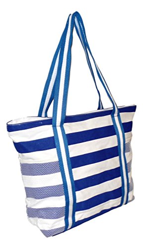 100% Cotton Striped Extra Large Beach Tote Bag - Blue with Embroidered Monogram | Perfect for Pool, Beach Vacation & Summer Travel Accessories