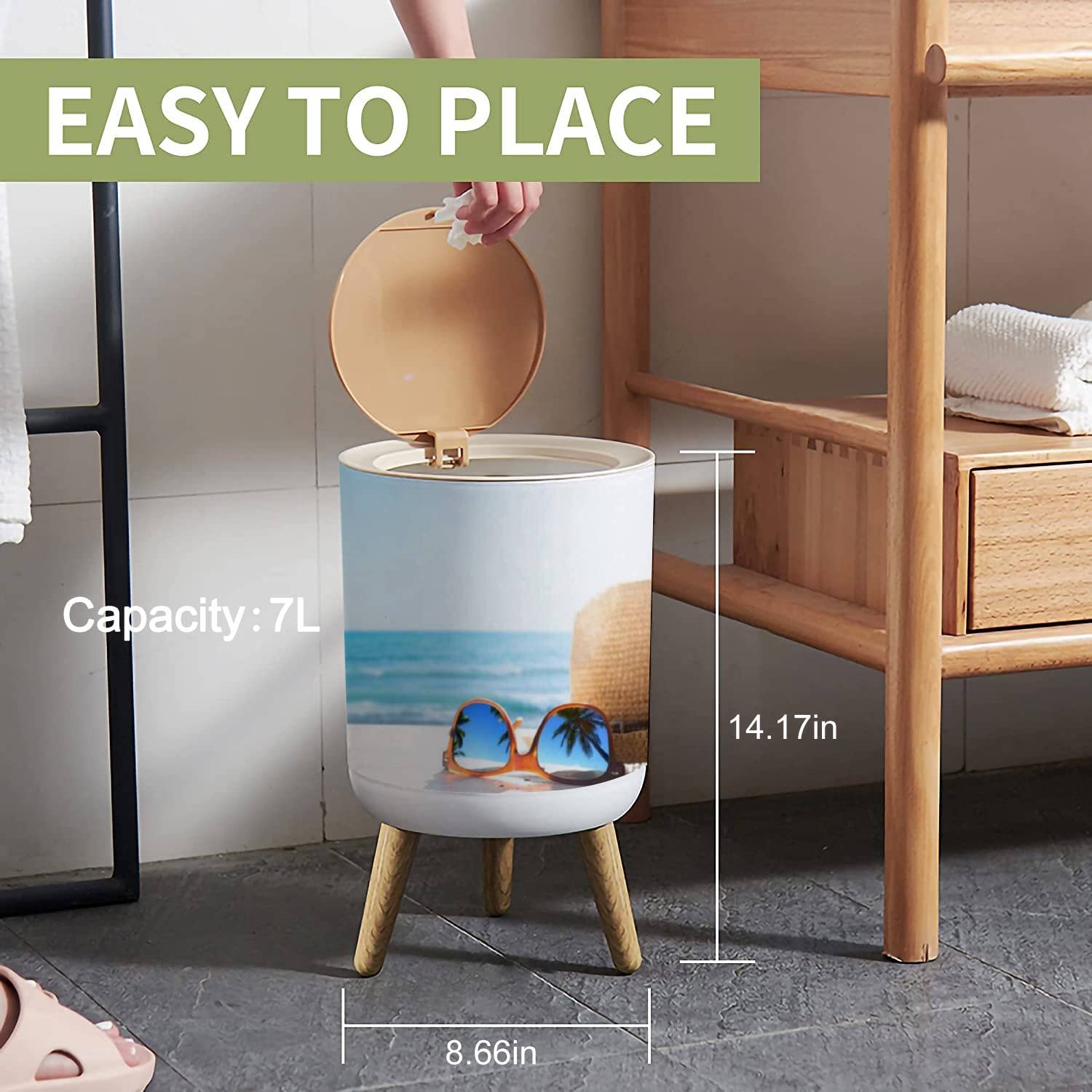 Small Trash Can with Lid - 1.8 Gallon Round Waste Bin with Press Cover, Dog Proof Garbage Bin for Kitchen, Bathroom & Living Room - Perfect for Summer Beach House Decor with Tropical Palm Tree Design