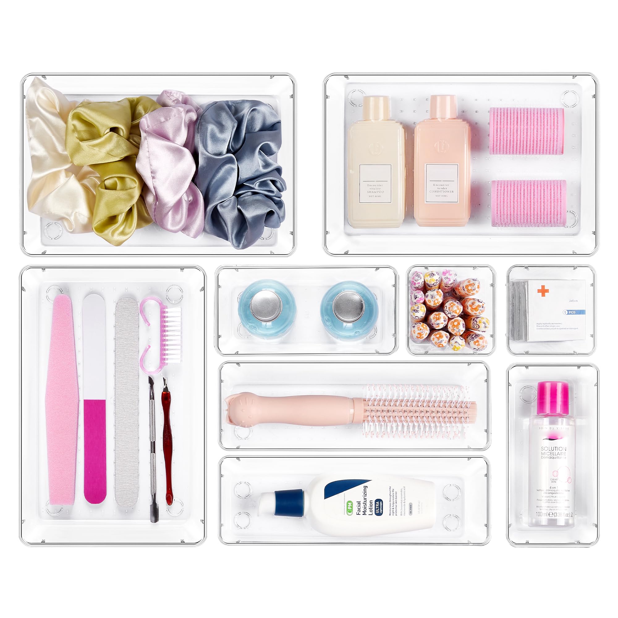 Vtopmart 9-Piece Clear Plastic Drawer Organizer Set - 4 Sizes for Bathroom, Office, Makeup & Kitchen Storage | Acrylic Vanity Trays for Cosmetics, Gadgets & Home Organization (Perfect for Bedroom Dressers, Bathroom Countertops & Closet Shelves)