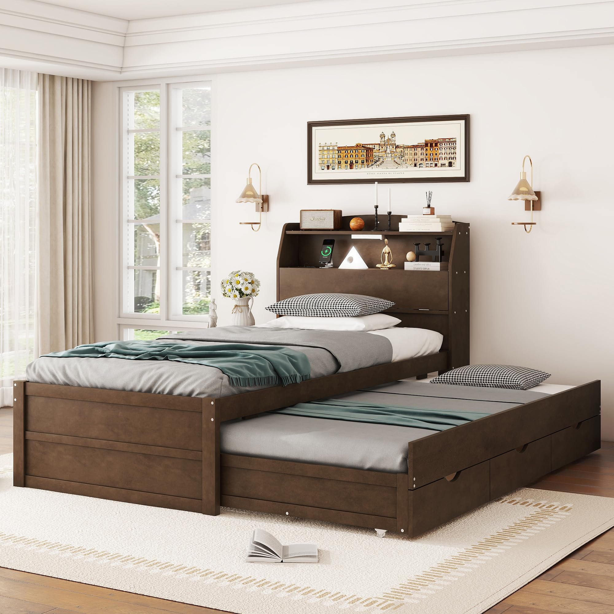 Wooden Twin Bed Frame with Trundle & Bookcase Headboard - Twin Size Captain Platform Bed with USB Charging Station & LED Lights for Kids, Teens, Boys & Girls - Brown - Perfect for Small Bedrooms, Guest Rooms & Kids' Rooms
