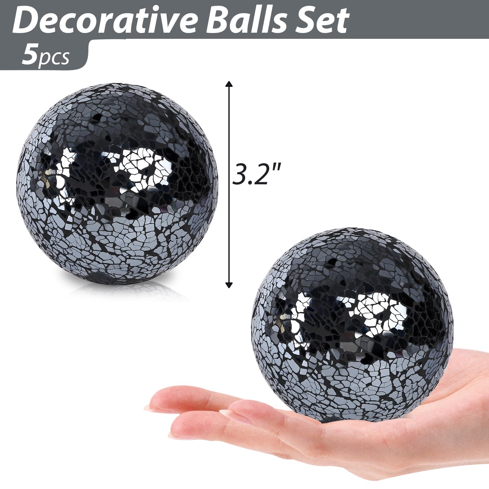 FUTUREPLUSX 5PCS 3.2 Inch Black Mosaic Glass Decorative Balls - Elegant Centerpiece Orbs for Bowls, Vases, Tables, Wedding & Party Decorations - Perfect for Home, Office, and Event Decor