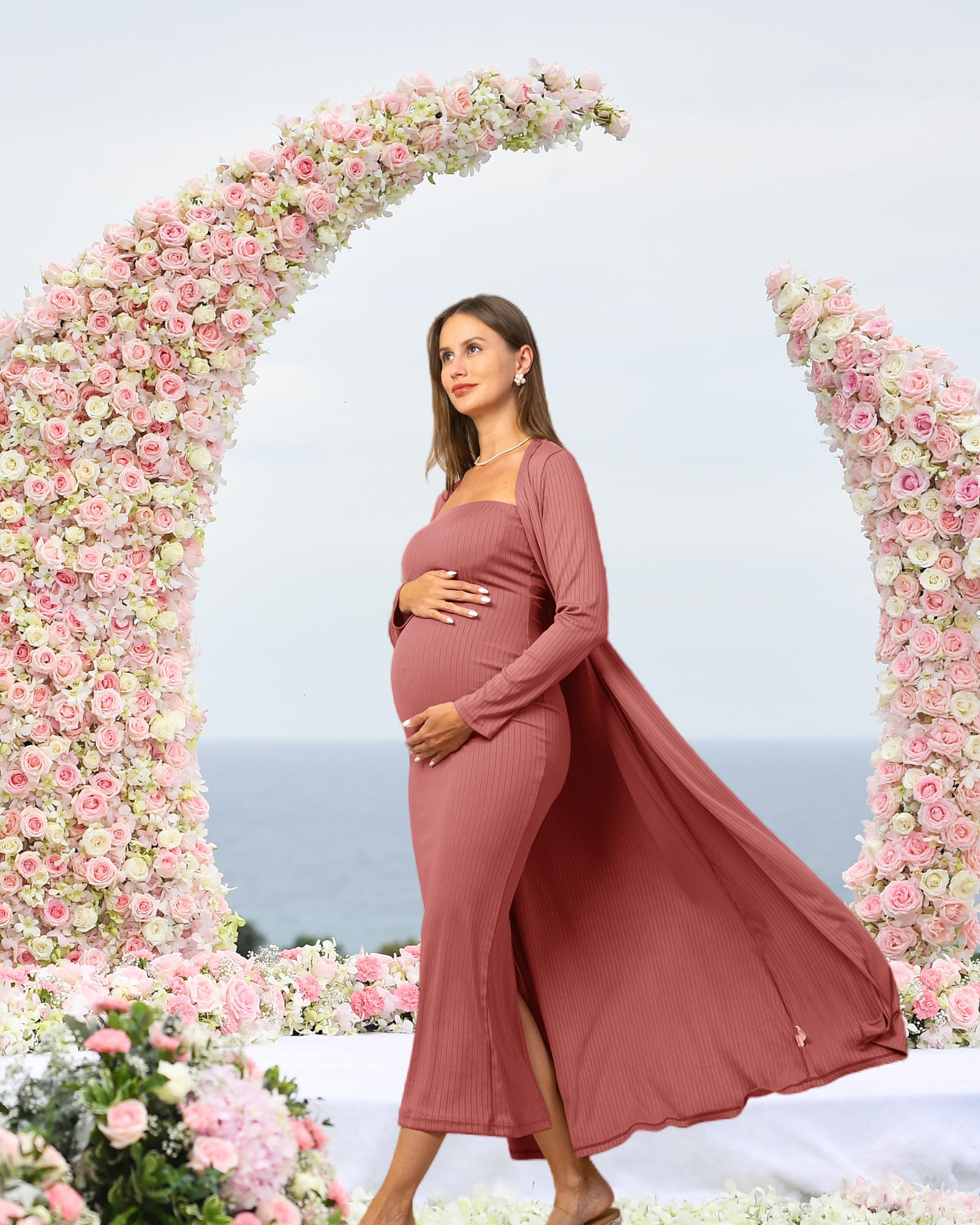 RNXRBB 2-Piece Maternity Dress Set - Nursing Cardigan & Tube Dress for Baby Shower, Wedding Guest, Summer Pregnancy Outfits | Gender Reveal Photoshoot & Maternity Photos | Comfortable Long Dress for Expecting Moms