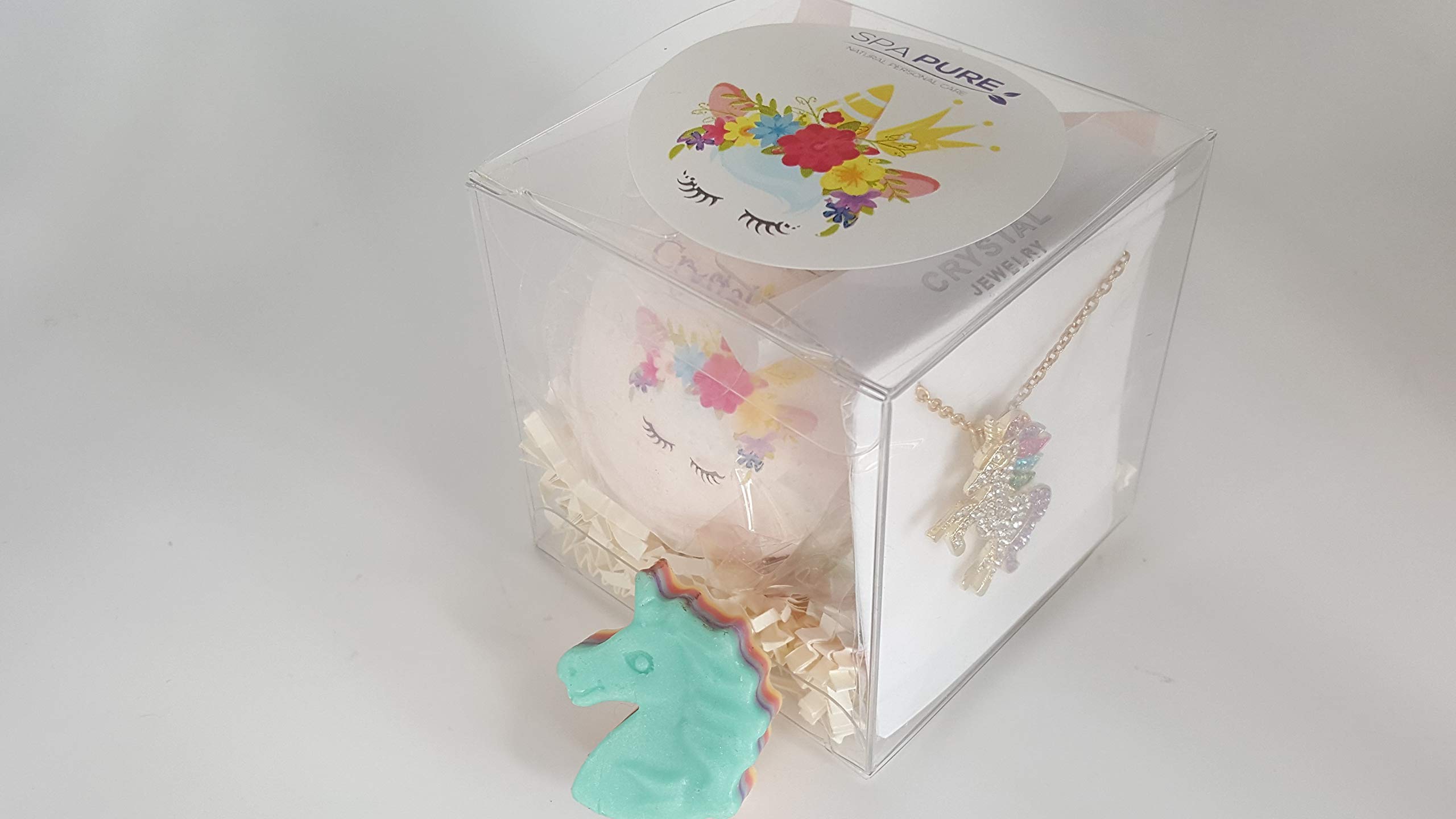 **Spa Pure Unicorn Necklace Bath Bomb Gift Set for Girls - Cute Unicorn with Hearts on Cheeks, Stainless Steel Enamel Necklace & Earrings (White) - Perfect for Birthdays, Christmas & Spa Relaxation**