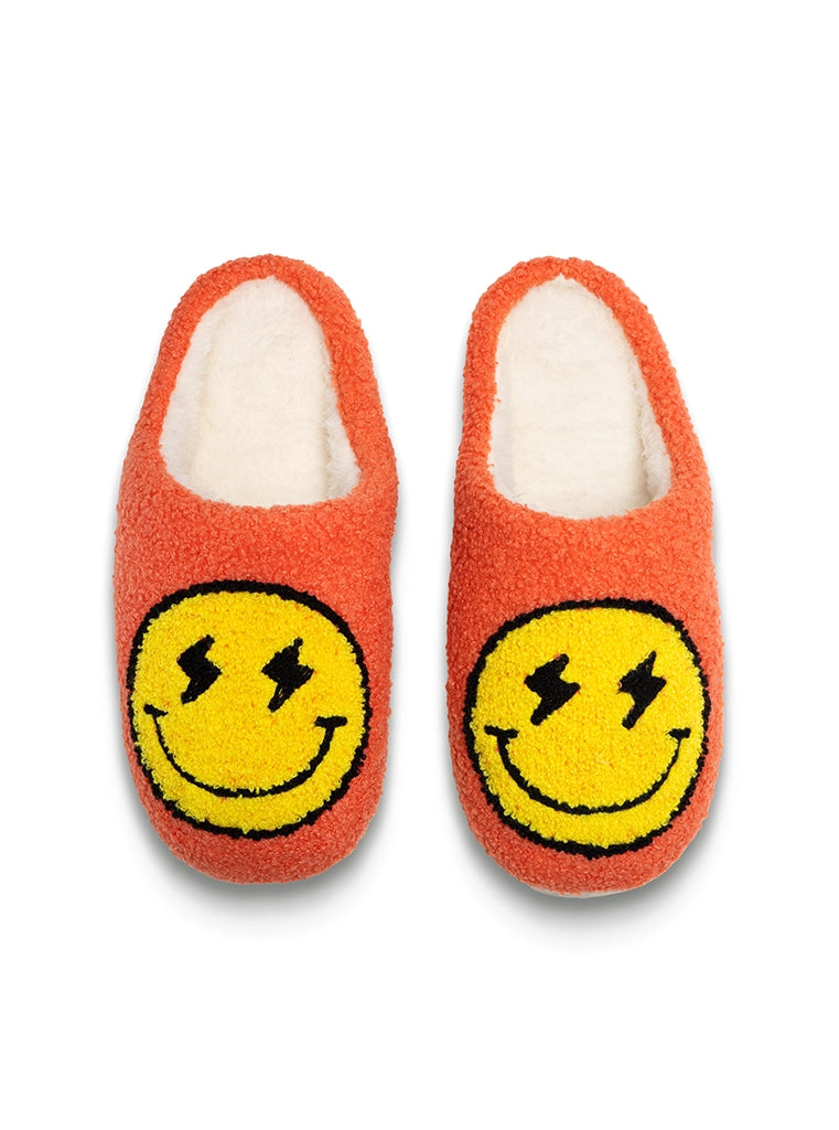 Cozy Smiley Face Slippers - Orange Fuzzy House Shoes with Lightning Eyes for Women & Men | Non-Slip Indoor/Outdoor Soles | Perfect for Home, Dorm & Lounge Comfort