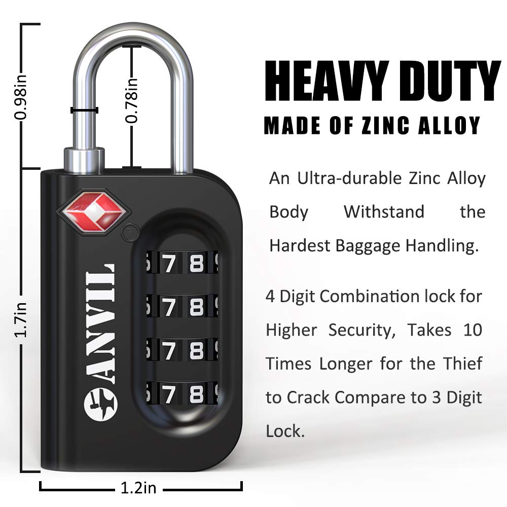 ANVIL TSA Approved Luggage Lock - 4 Digit Combination Lock with 10,000 Security Codes, Easy-Read Dial Window for Suitcases, Backpacks, Gym Lockers & Travel Bags | Ideal for Air Travel, School, Sports & Secure Storage
