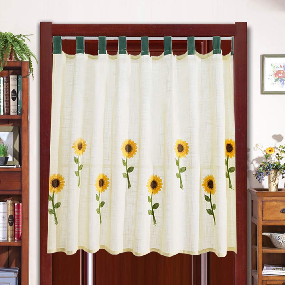 RPFF Half Window Curtains - Short Kitchen Cafe Curtains for Bedroom & Bathroom - Voile Sheer Pastoral Sunflower Floral Design Window Treatments - Perfect for Farmhouse, Cottage & French Country Decor
