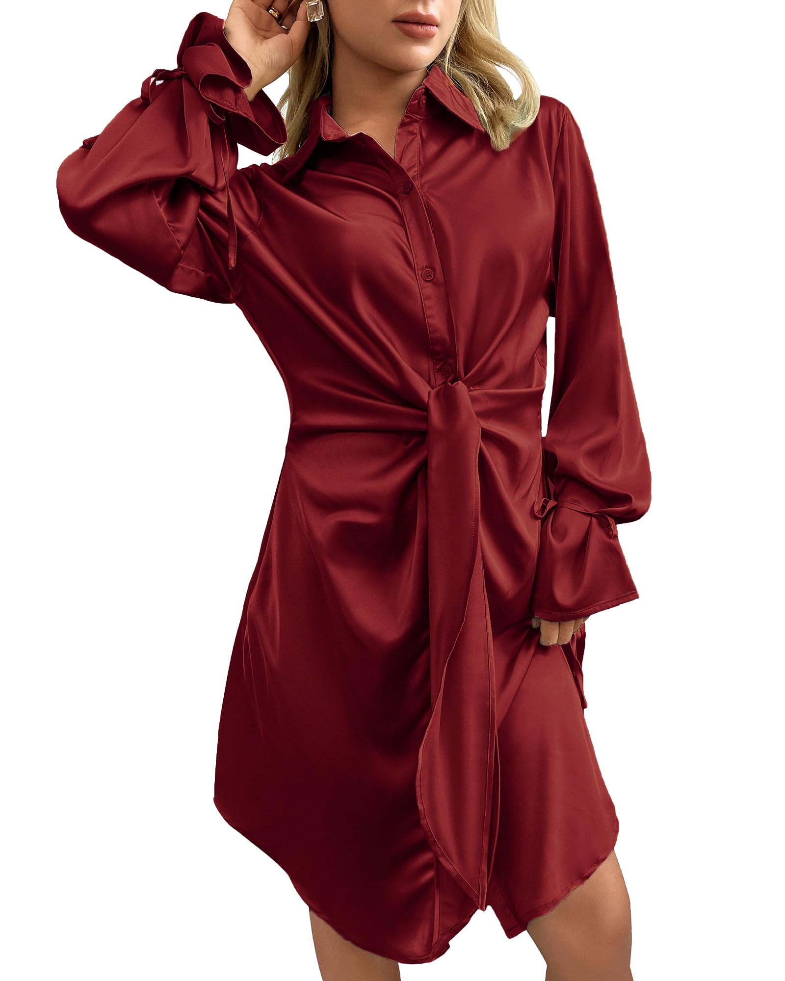 Fall Tie Front Mini Satin Shift Dress - Button Down Shirt Dress with Ribboned Puff Sleeves | Silky Casual Outfit for Work, Date Night & Autumn Parties