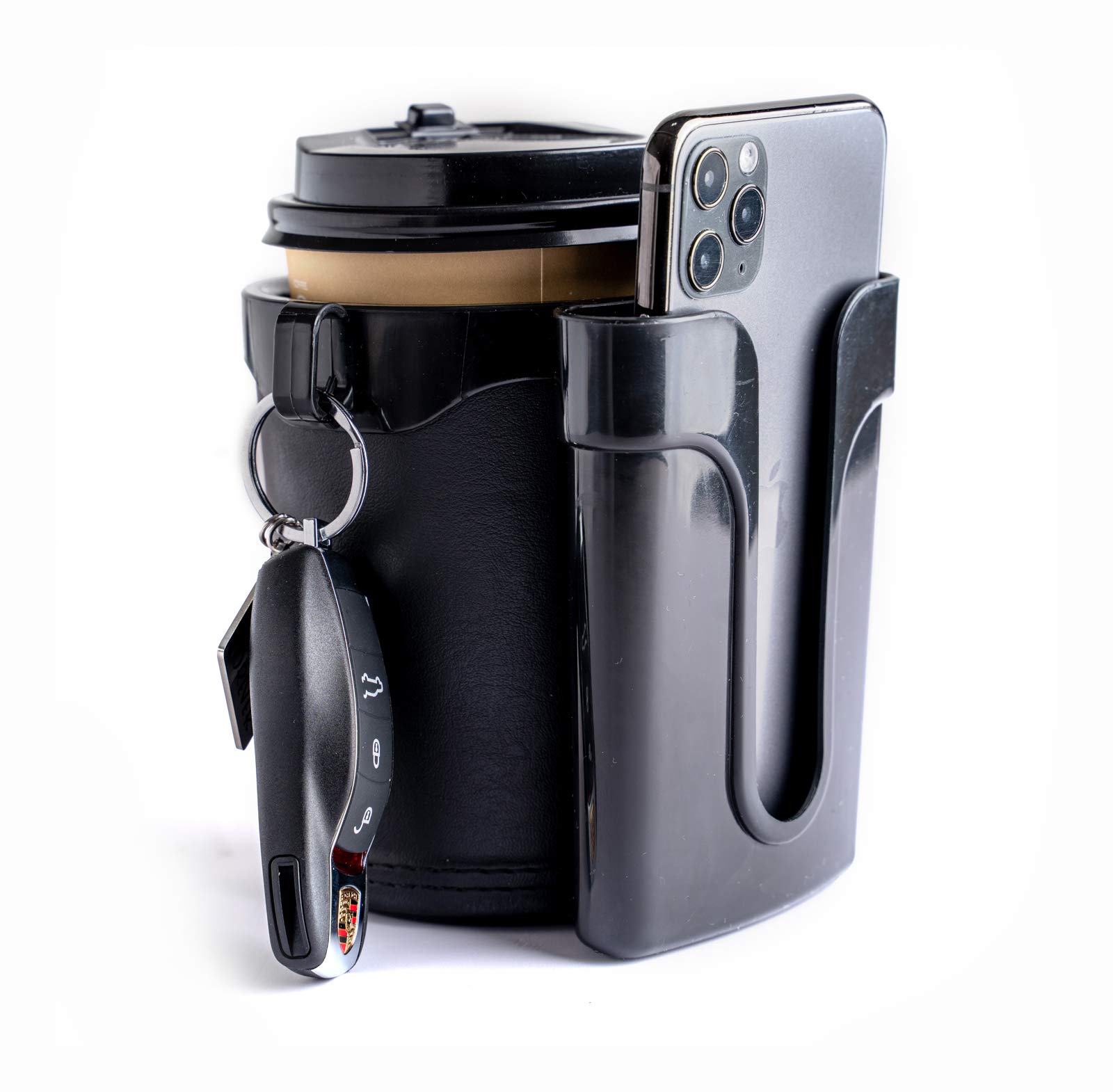 **Black Bike Cup Holder with Phone & Keys Mount - Handlebar Drink Holder for Water Bottles & Beer - Perfect for Cycling, Commuting & Outdoor Adventures**
