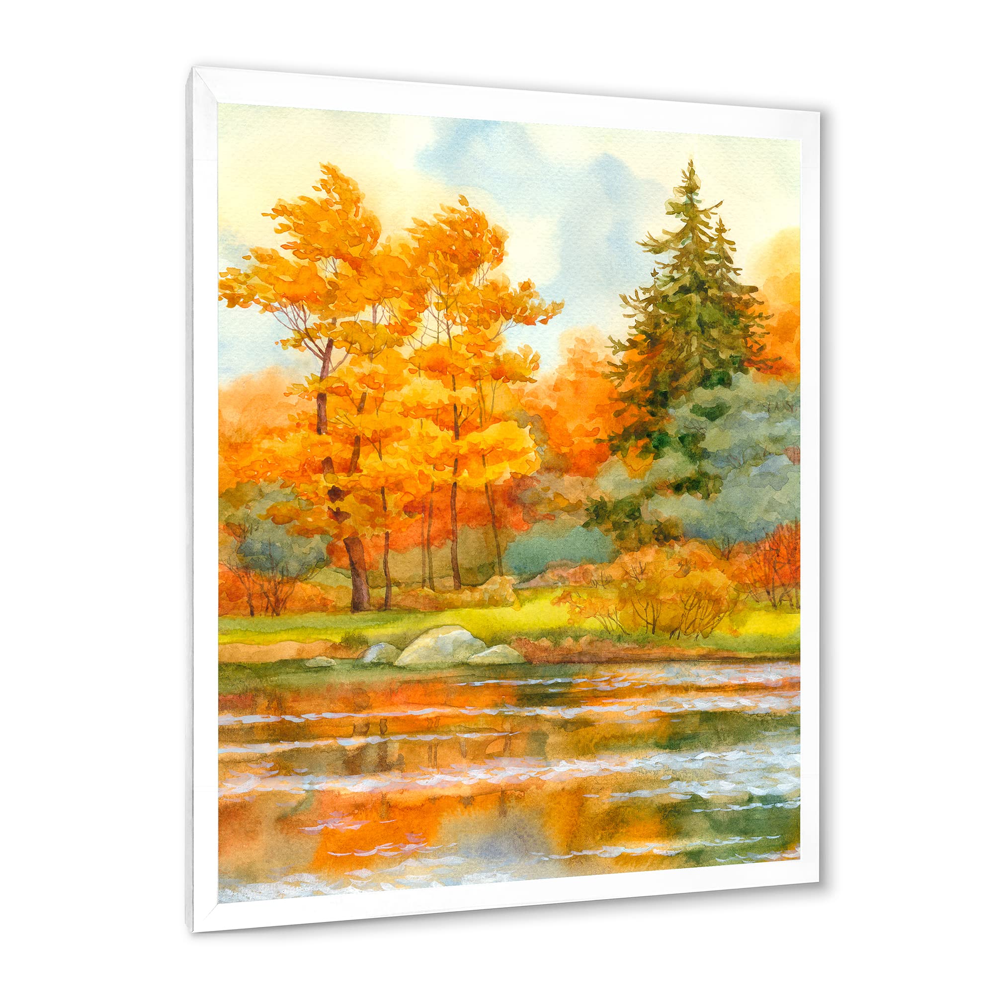 DesignQ Autumn Forest Lakeside Landscape Framed Wall Art - Perfect for Living Room, Bedroom & Office Decor