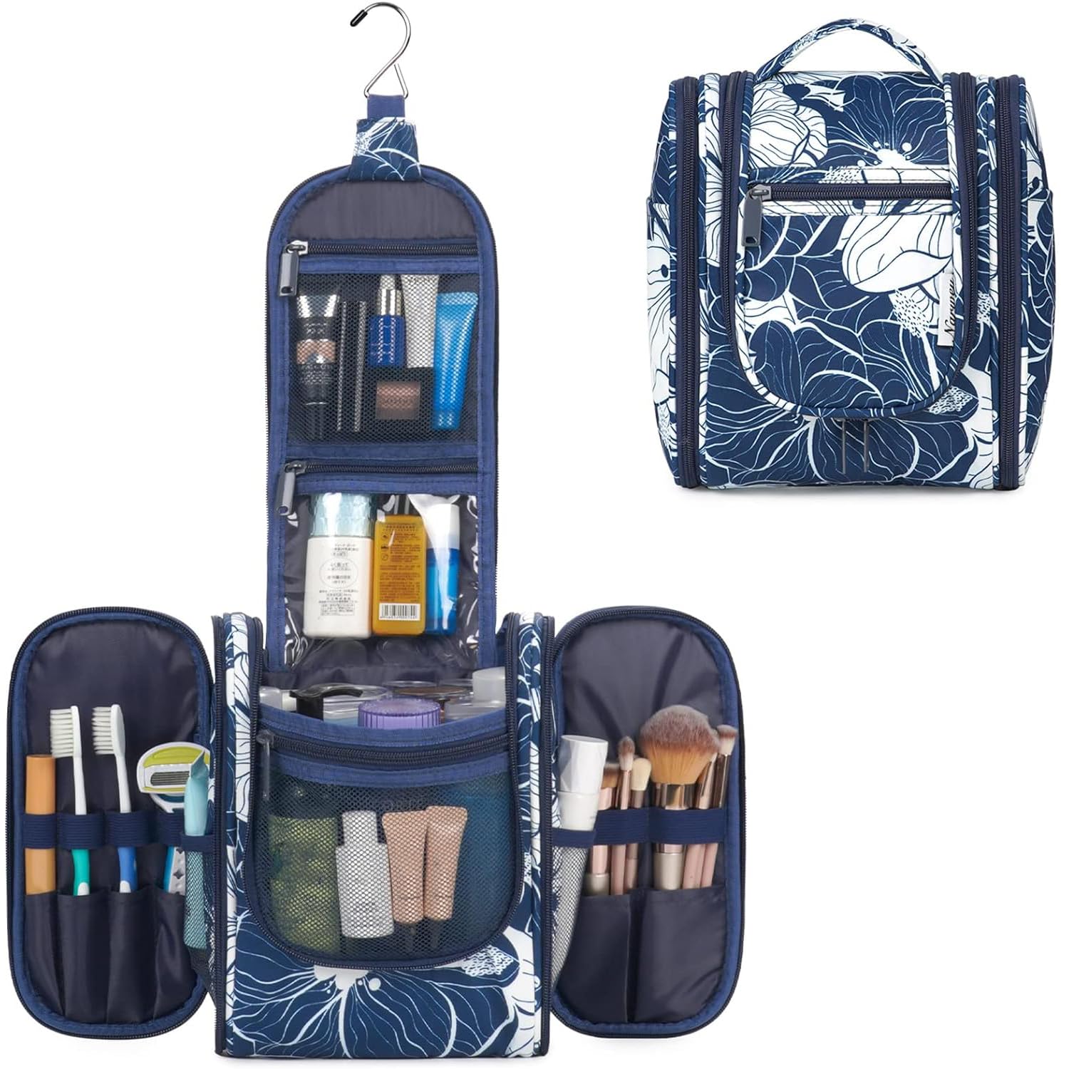 Narwey Small Hanging Travel Toiletry Bag - Waterproof Cosmetic Makeup Organizer for Women & Men - Perfect for Bathroom, Gym, Camping Trips (Medium, Blue Lotus)
