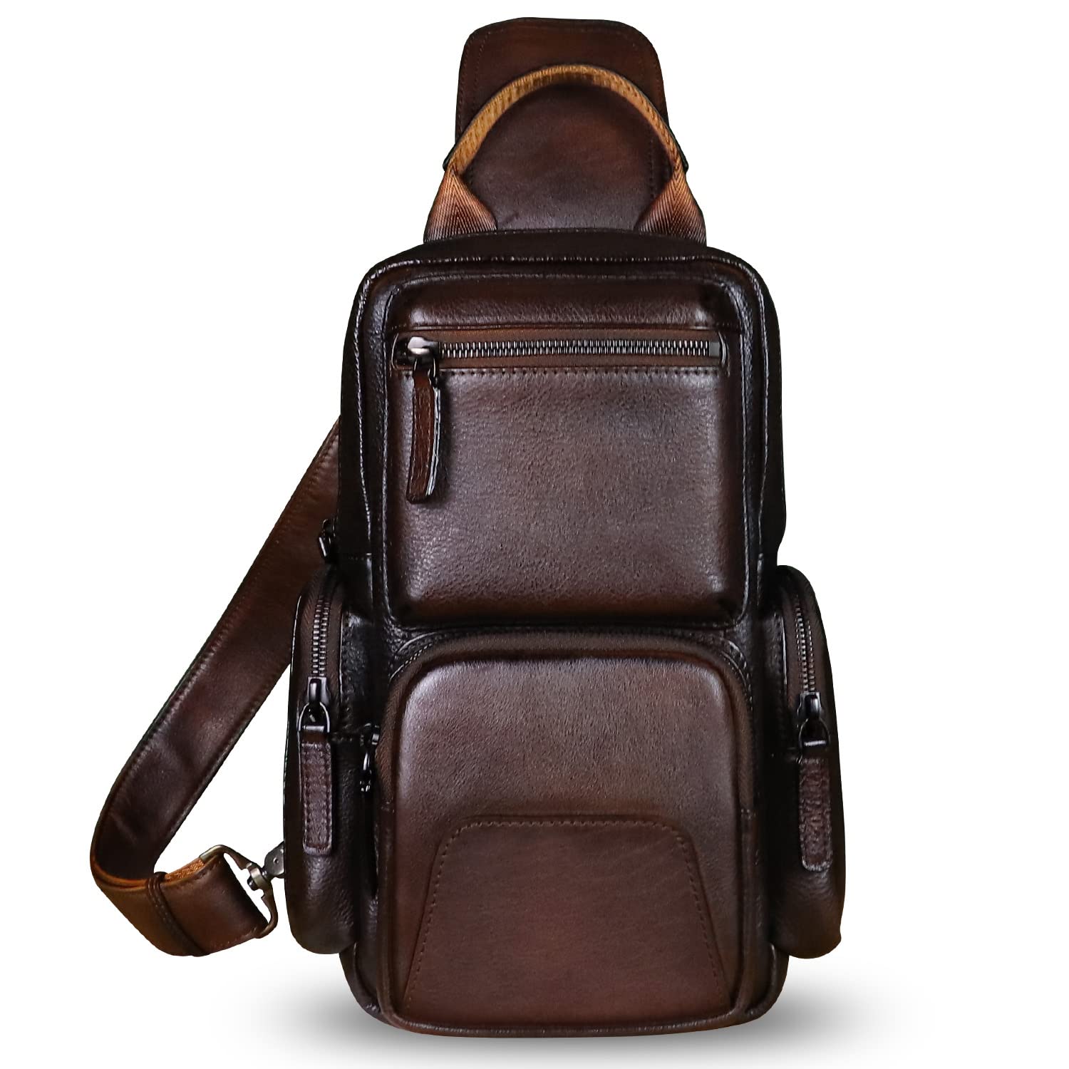 IVTG Genuine Leather Crossbody Sling Bag - Vintage Handmade Chest Shoulder Backpack for Hiking, Motorcycle & Casual Use (Coffee Brown)