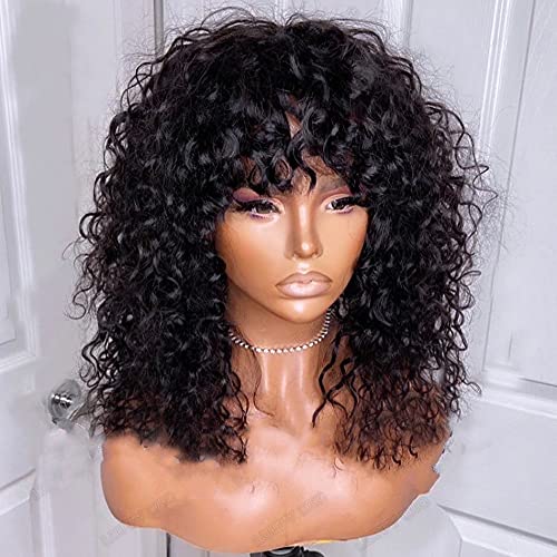200% Density Kinky Curly Human Hair Wig with Bangs - 24 Inch Brazilian Remy Hair for Women | Machine Made Scalp Top Wig in Natural Color | Perfect for Daily Wear, Cosplay & Special Occasions