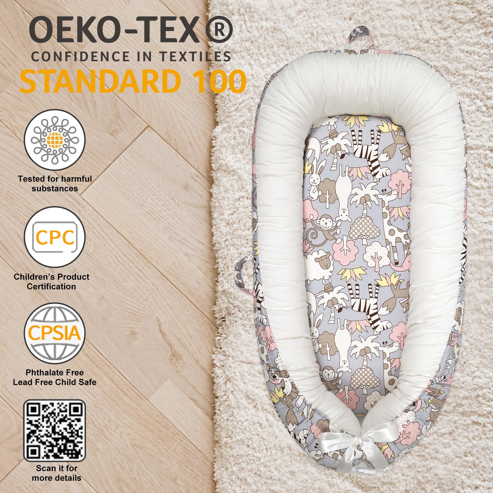 Organic Cotton Baby Lounger - Portable Newborn Lounger & Adjustable Infant Nest Cover | Ultra Soft Baby Bed for Nursery, Travel & Playtime | Perfect Baby Shower Gift