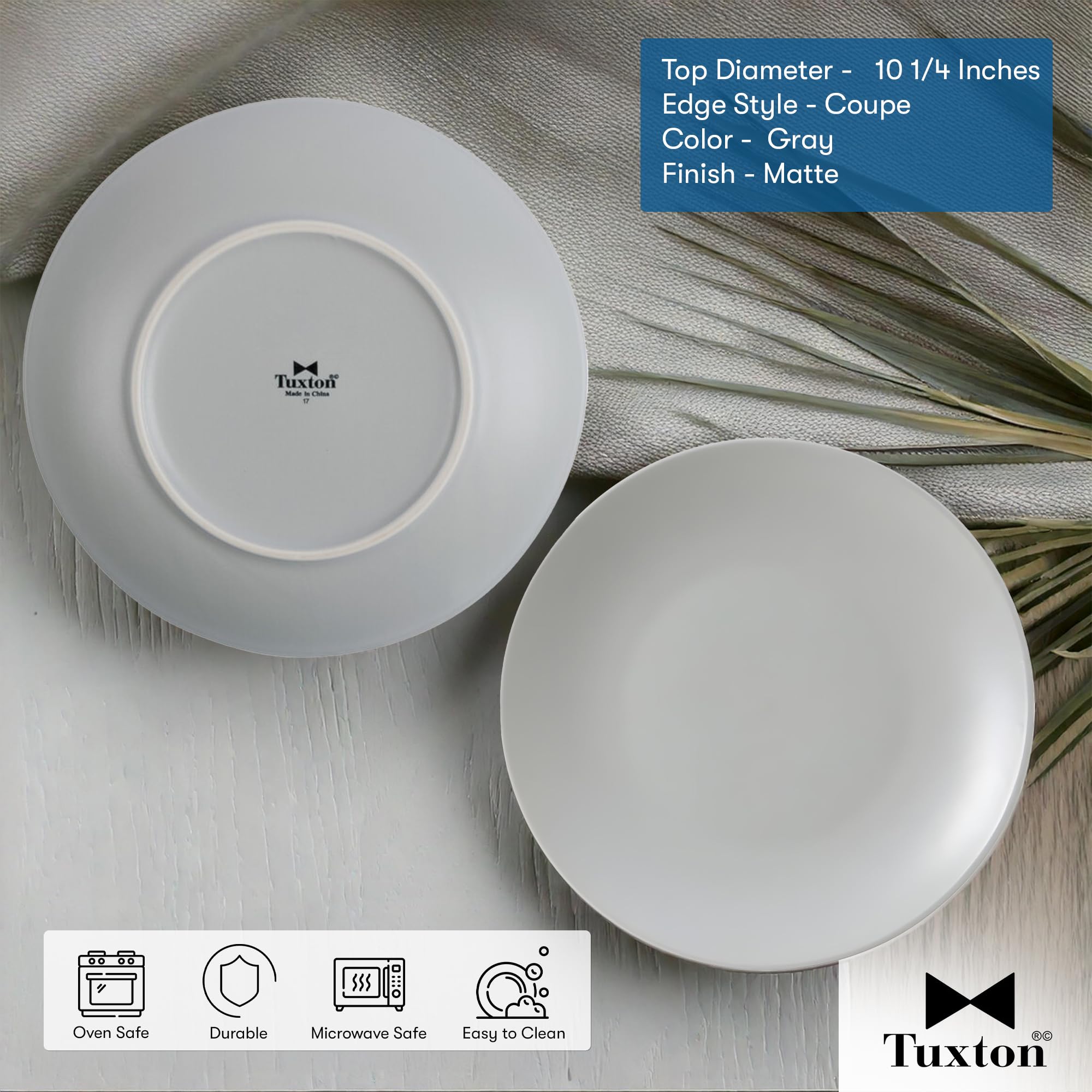 Tuxton Zion Matte Gray 10-1/4-Inch Coupe Plates (Set of 12) - Scratch & Chip Resistant, Lead & Cadmium Free, Dishwasher/Microwave/Oven Safe - Perfect for Restaurants, Catering & Elegant Dinner Parties